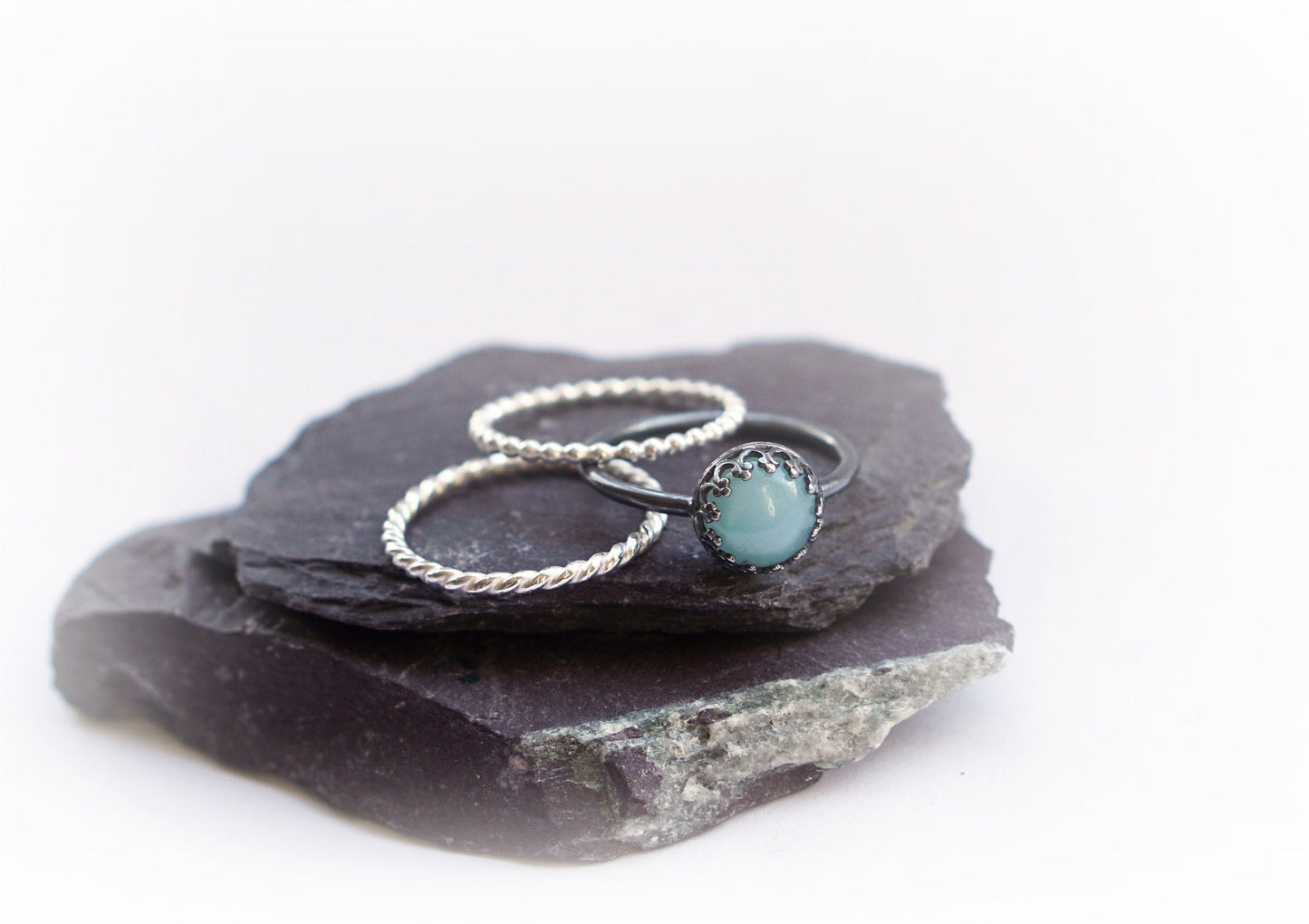 Gothic Crown Amazonite Sterling Silver Ring Stack