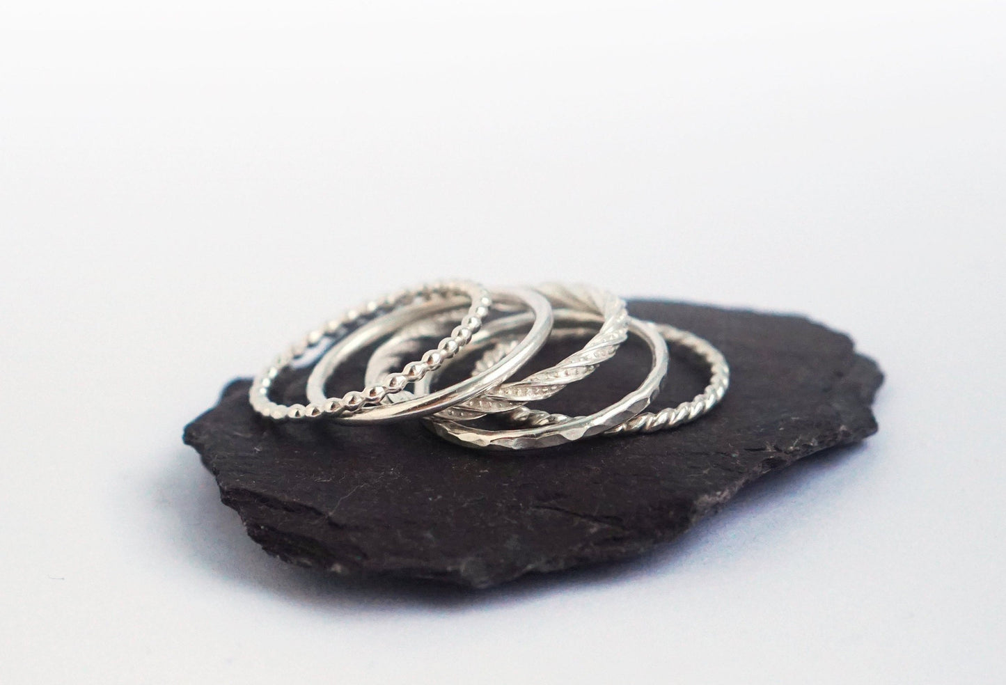 Five Textured Sterling Silver Stacking Rings - stacking rings, hammered, oxidised, modern, beaded, stackable, beaded, textured, recycled