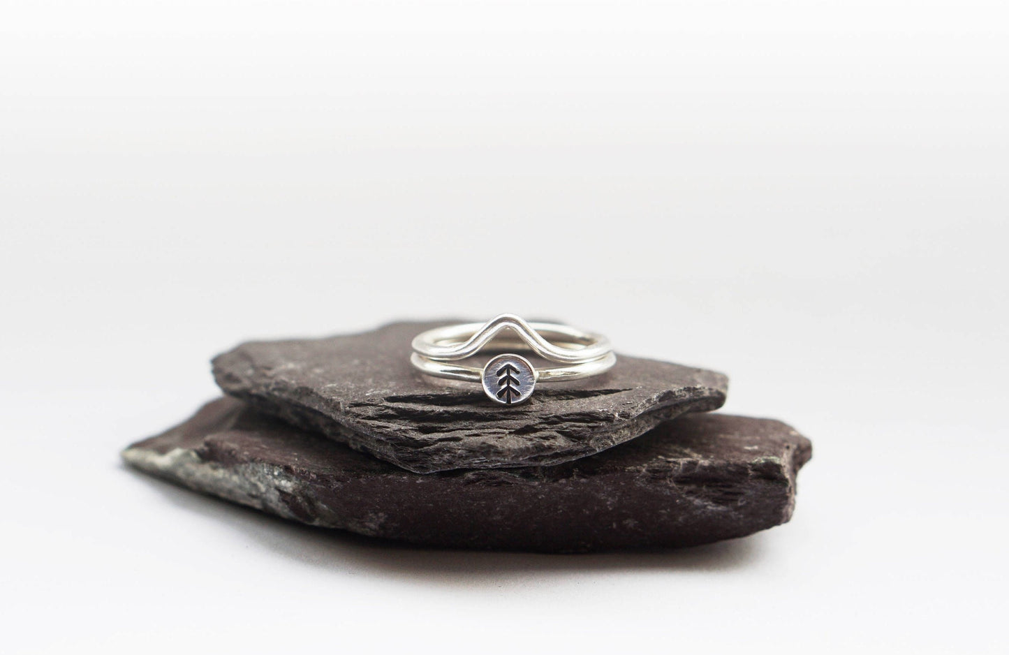 Pine Tree + Mountain Sterling Silver Stacking Rings
