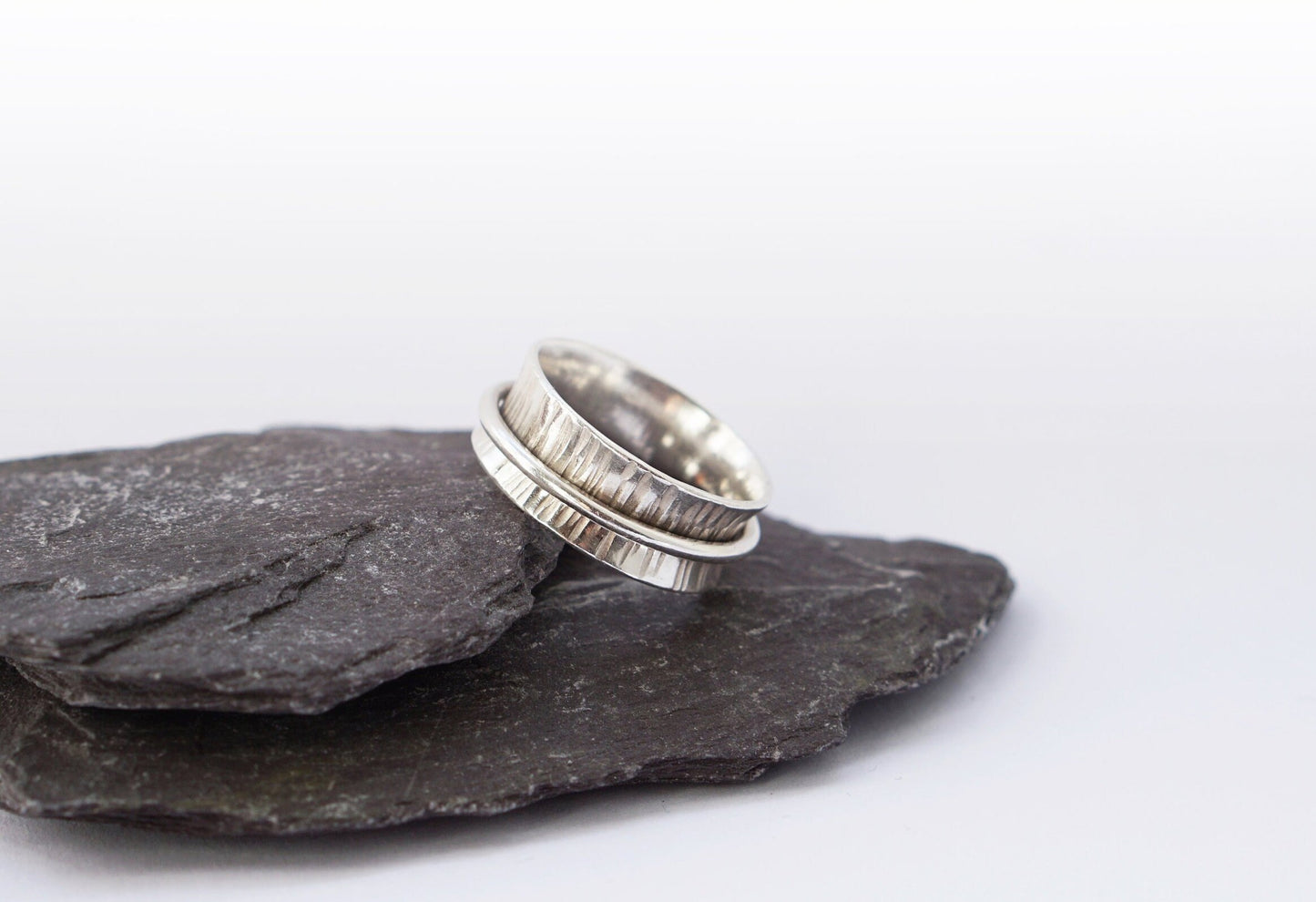 Recycled Sterling Silver Wood Grain Spinner Ring