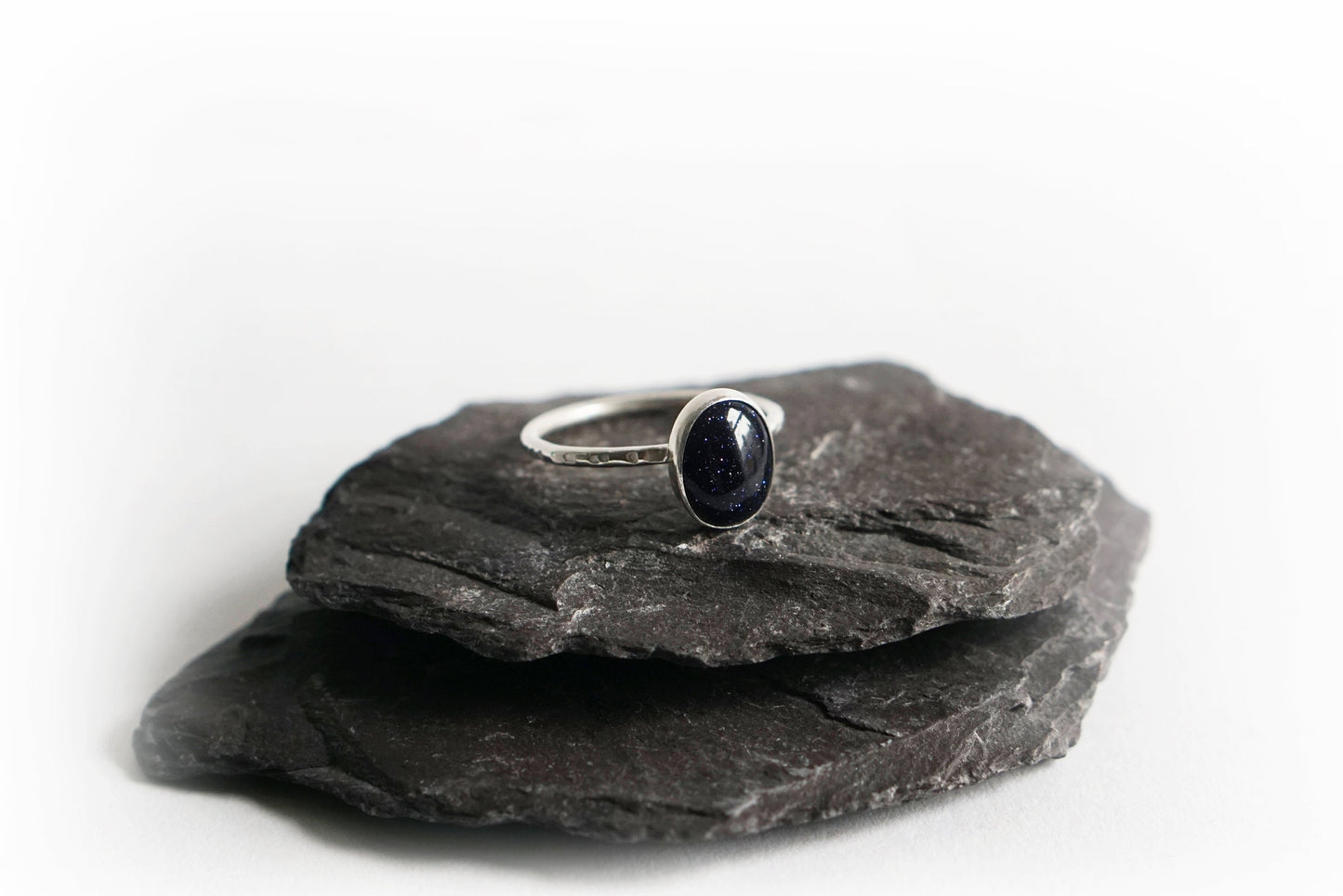 Night Sky Blue Goldstone Recycled Sterling Silver Ring