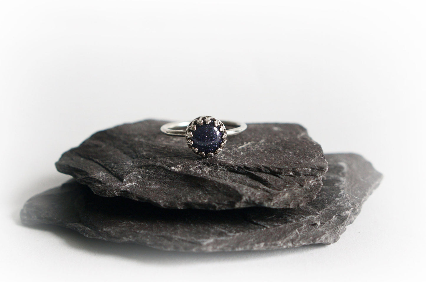 Night Sky Blue Goldstone Crown Recycled Sterling Silver Ring