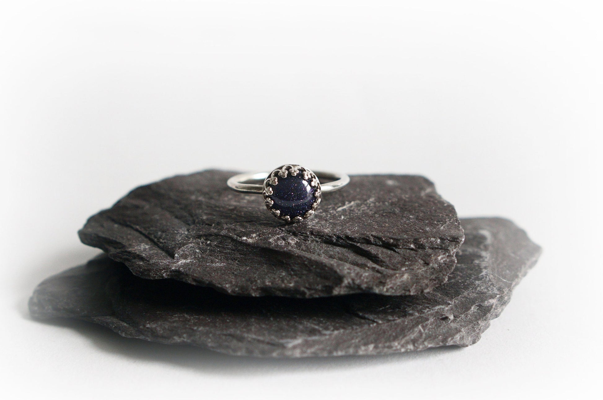 Night Sky Blue Goldstone Crown Recycled Sterling Silver Ring