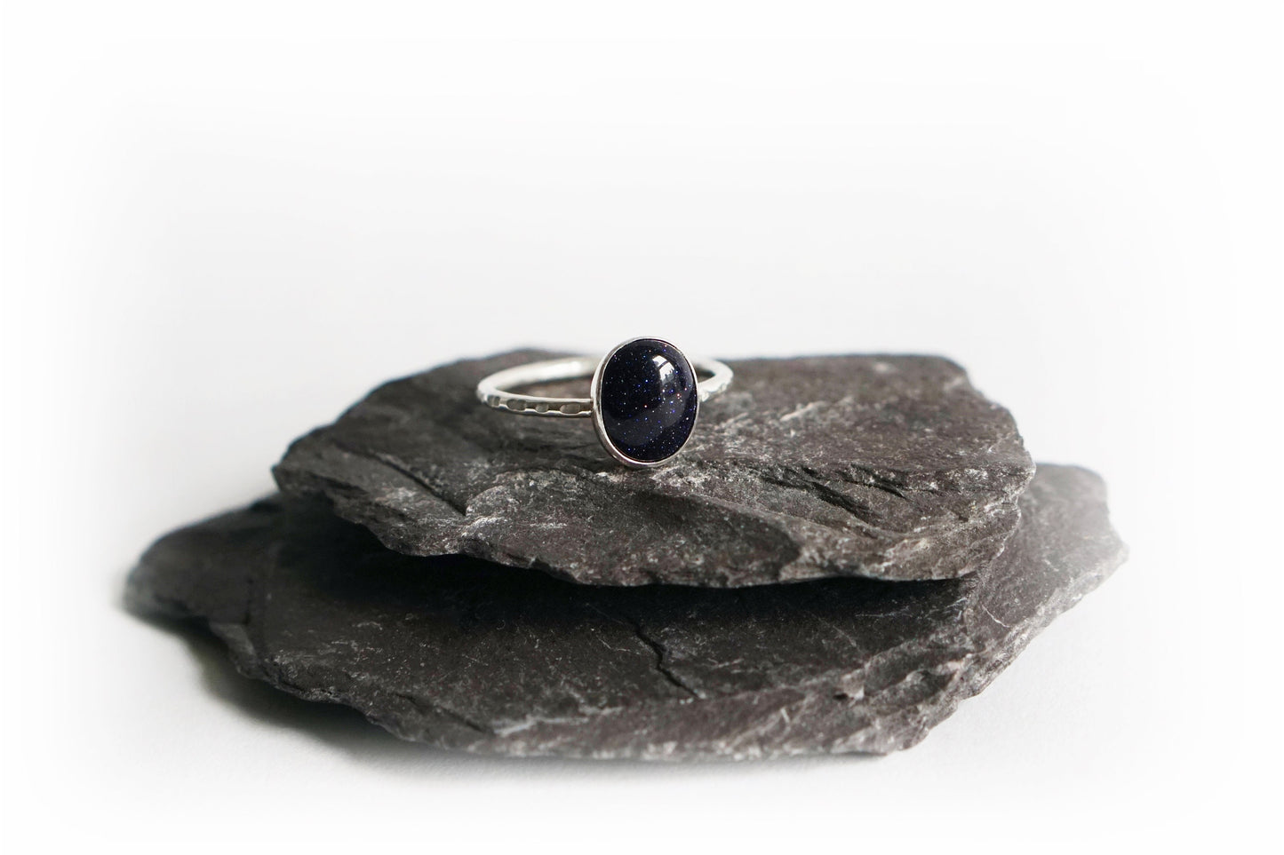 Night Sky Blue Goldstone Recycled Sterling Silver Ring