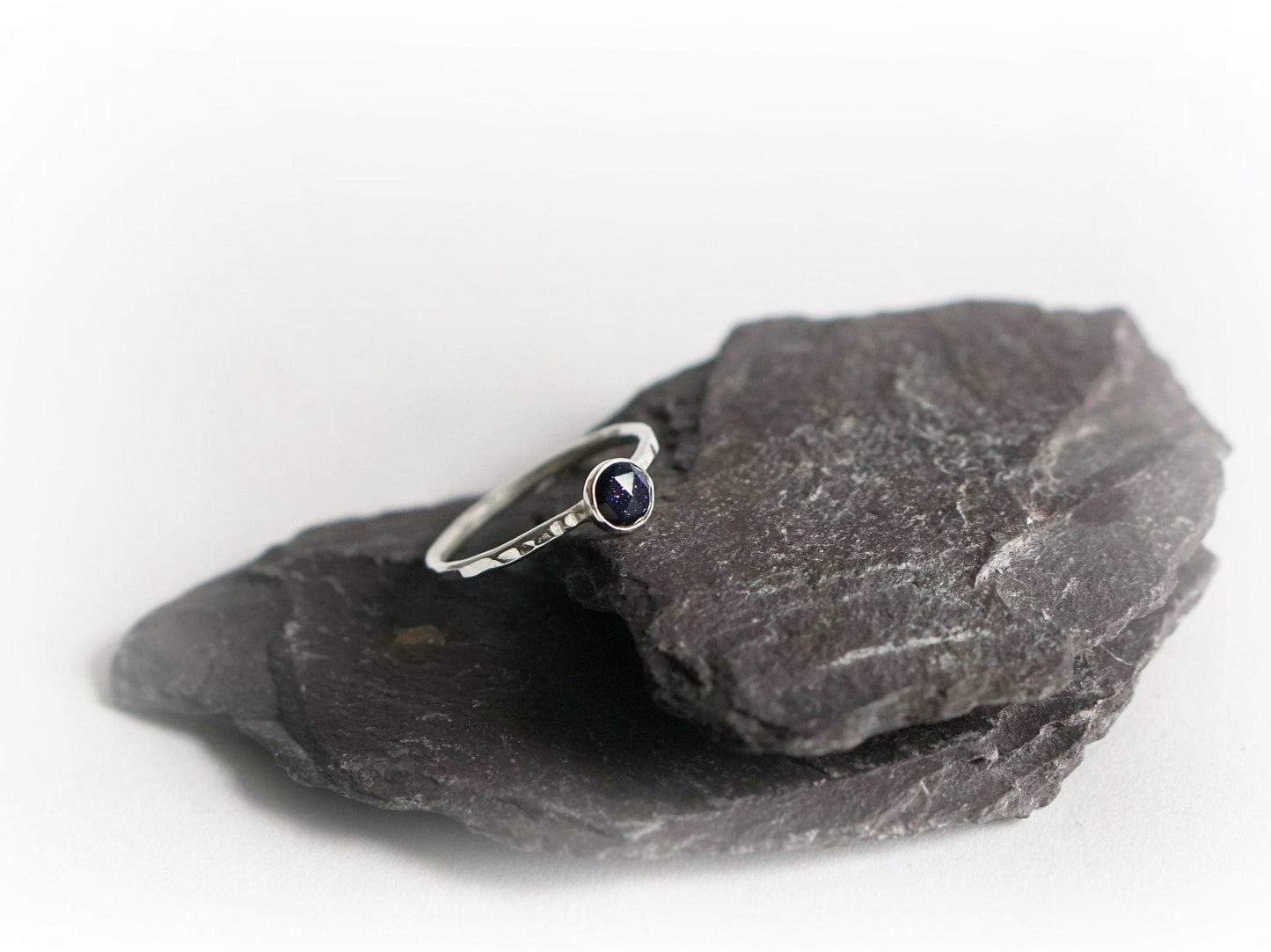 Night Sky Faceted Blue Goldstone Recycled Sterling Silver Ring