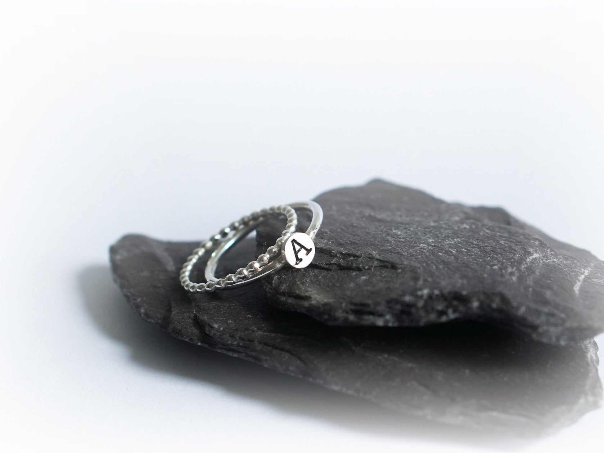 Personalised Engraved & Beaded Sterling Silver Ring Duo