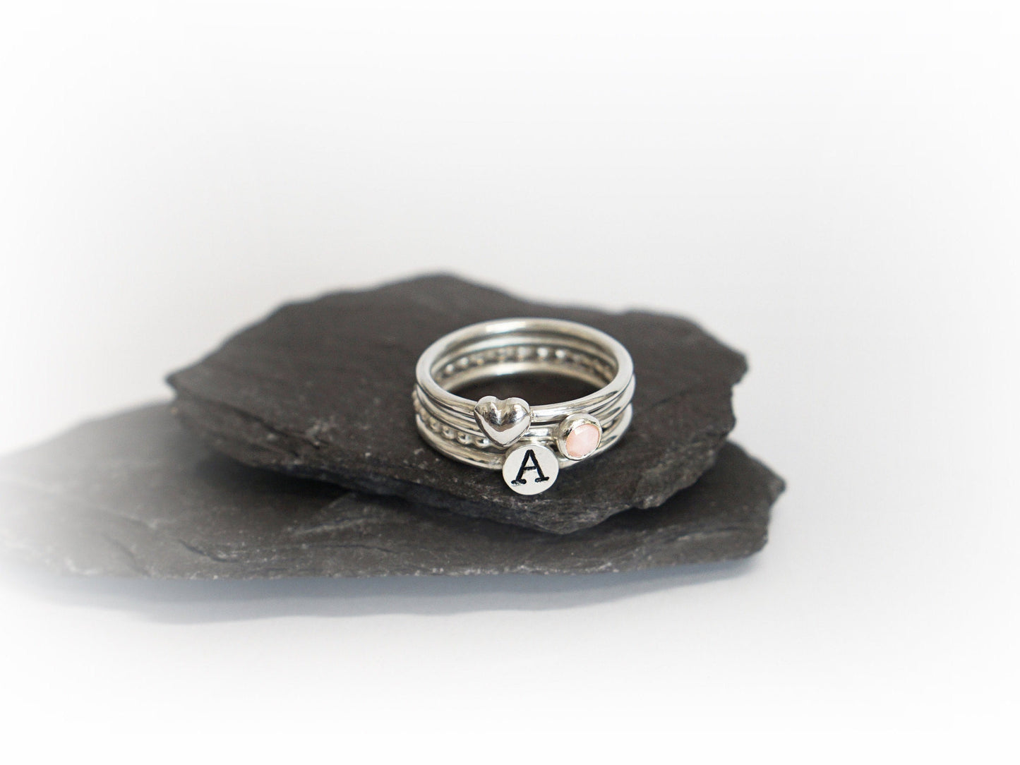 Personalised Birthstone Heart Sterling Silver Stack ~ stackable, initial, gift, wedding, monogram, recycled, gemstone, recycled