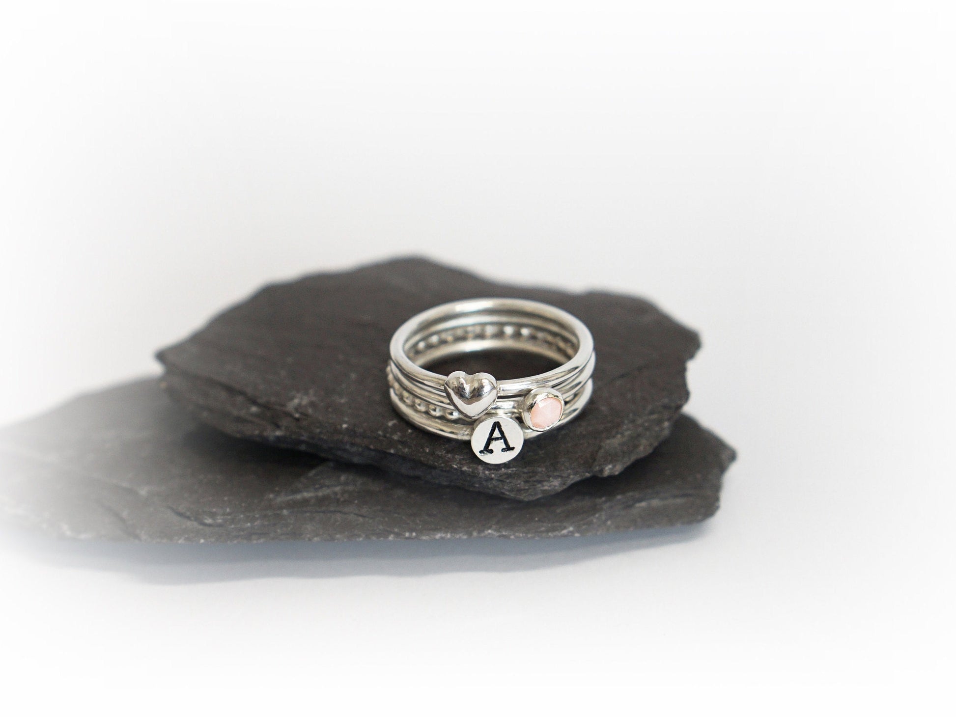Personalised Birthstone Heart Sterling Silver Stack ~ stackable, initial, gift, wedding, monogram, recycled, gemstone, recycled
