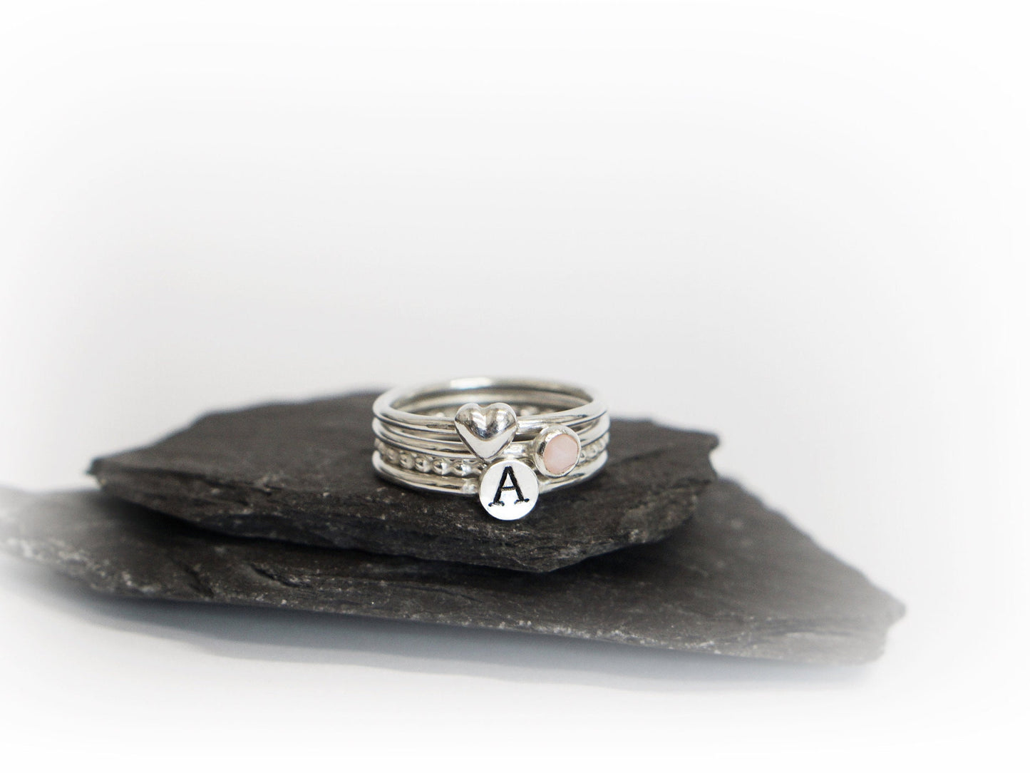 Personalised Birthstone Heart Sterling Silver Stack ~ stackable, initial, gift, wedding, monogram, recycled, gemstone, recycled