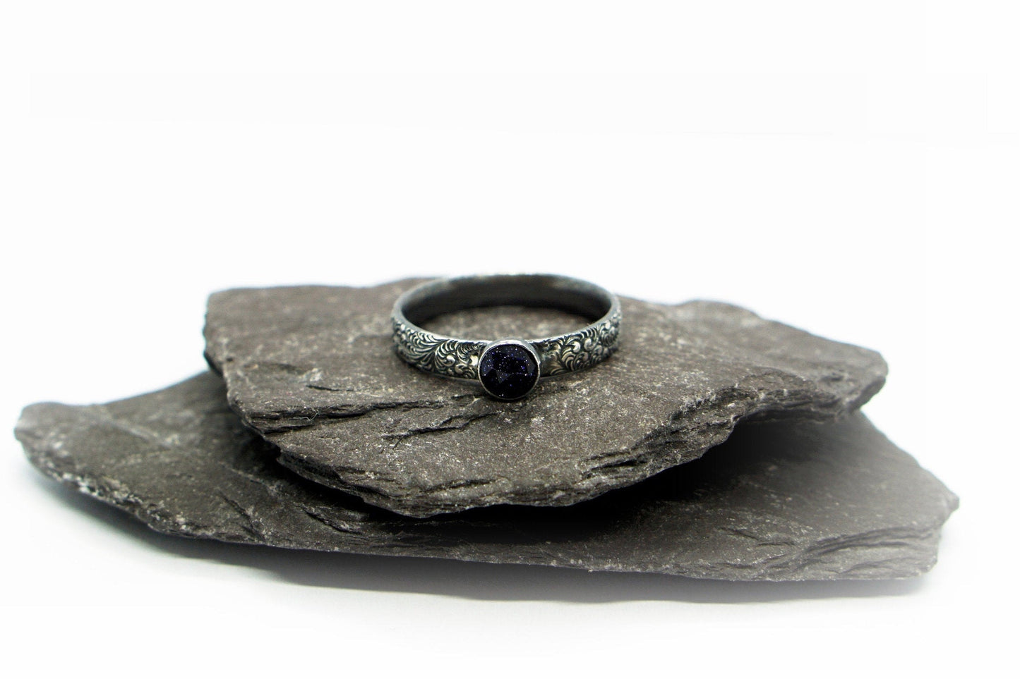 Swirl Pattern Night Sky Blue Goldstone Recycled Sterling Silver Ring