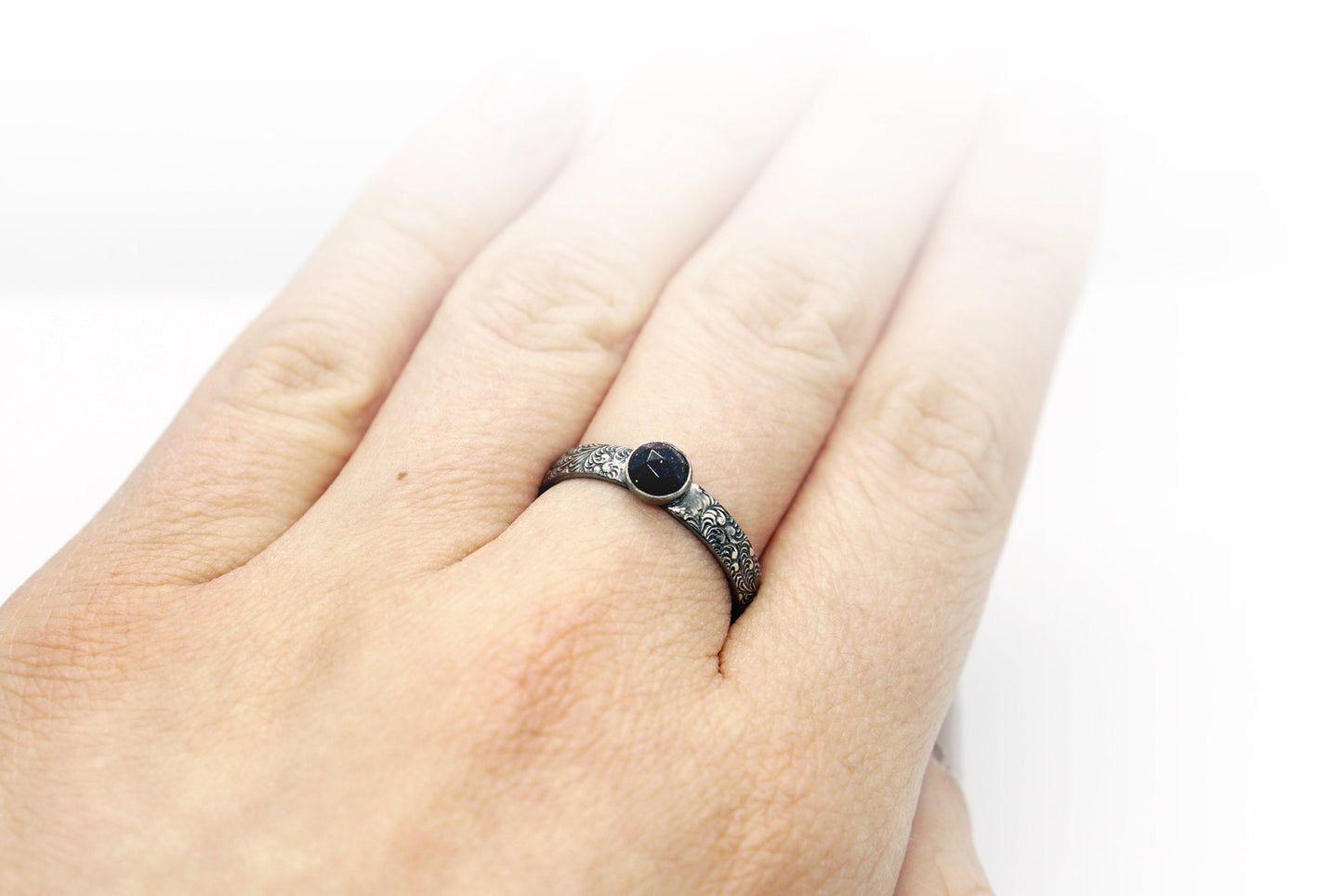 Swirl Pattern Night Sky Blue Goldstone Recycled Sterling Silver Ring