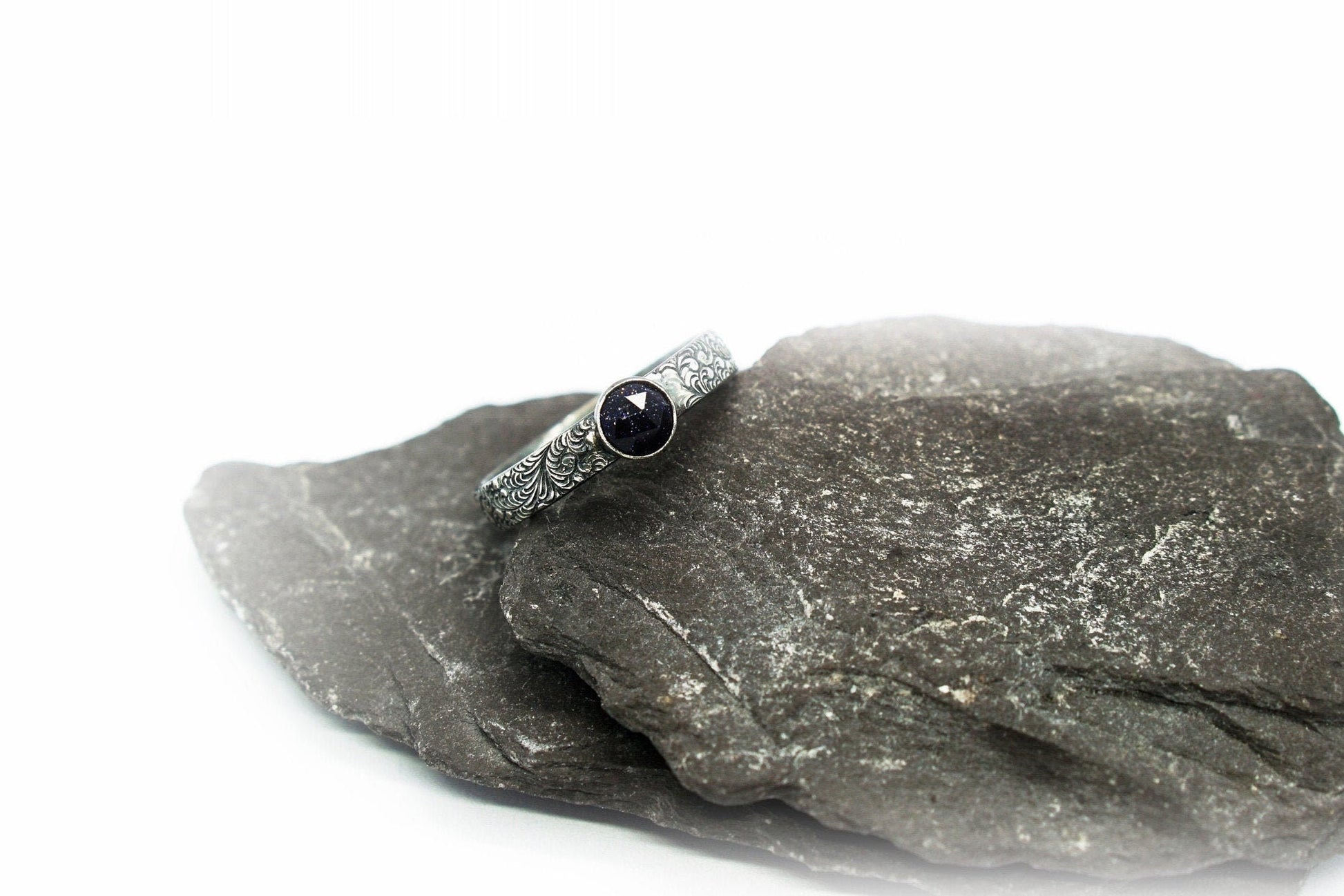 Swirl Pattern Night Sky Blue Goldstone Recycled Sterling Silver Ring
