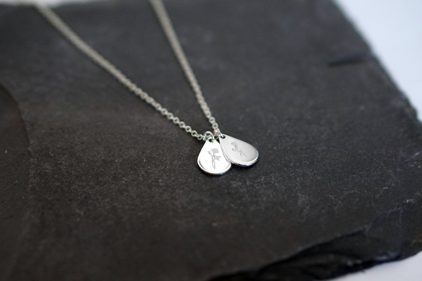 Personalised Teardrop Birth Flower Sterling Silver Necklace ~ engraved, birthday, gift for her, name, november, december