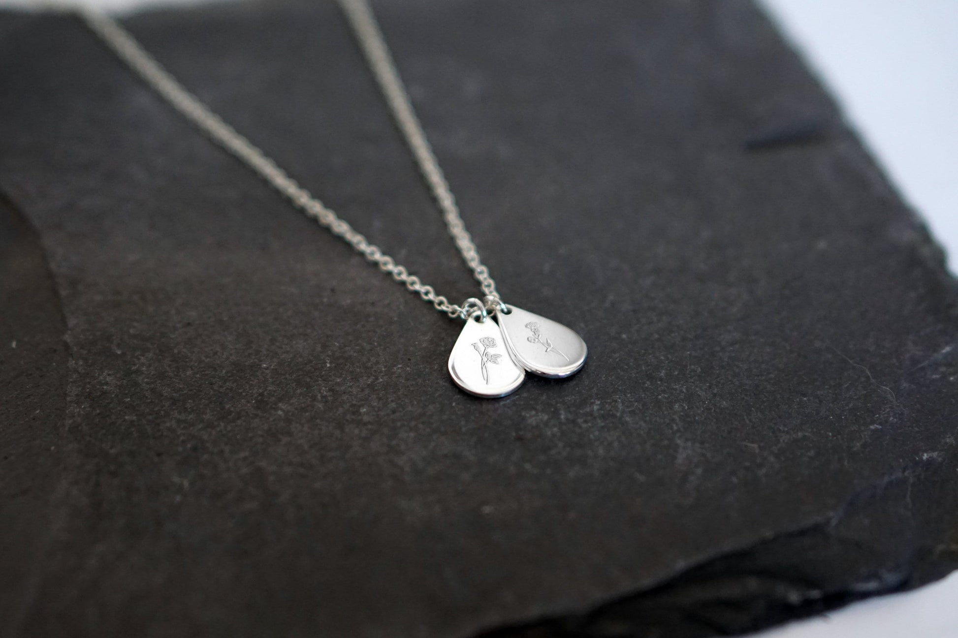 Personalised Teardrop Birth Flower Sterling Silver Necklace ~ engraved, birthday, gift for her, name, november, december