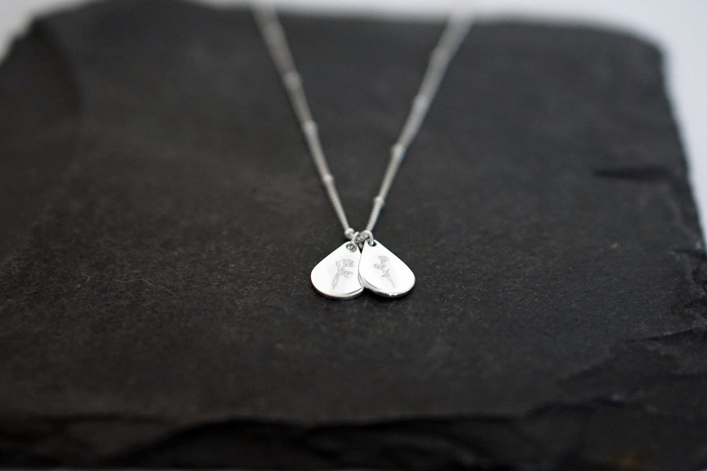 Personalised Teardrop Birth Flower Sterling Silver Necklace ~ engraved, birthday, gift for her, name, november, december