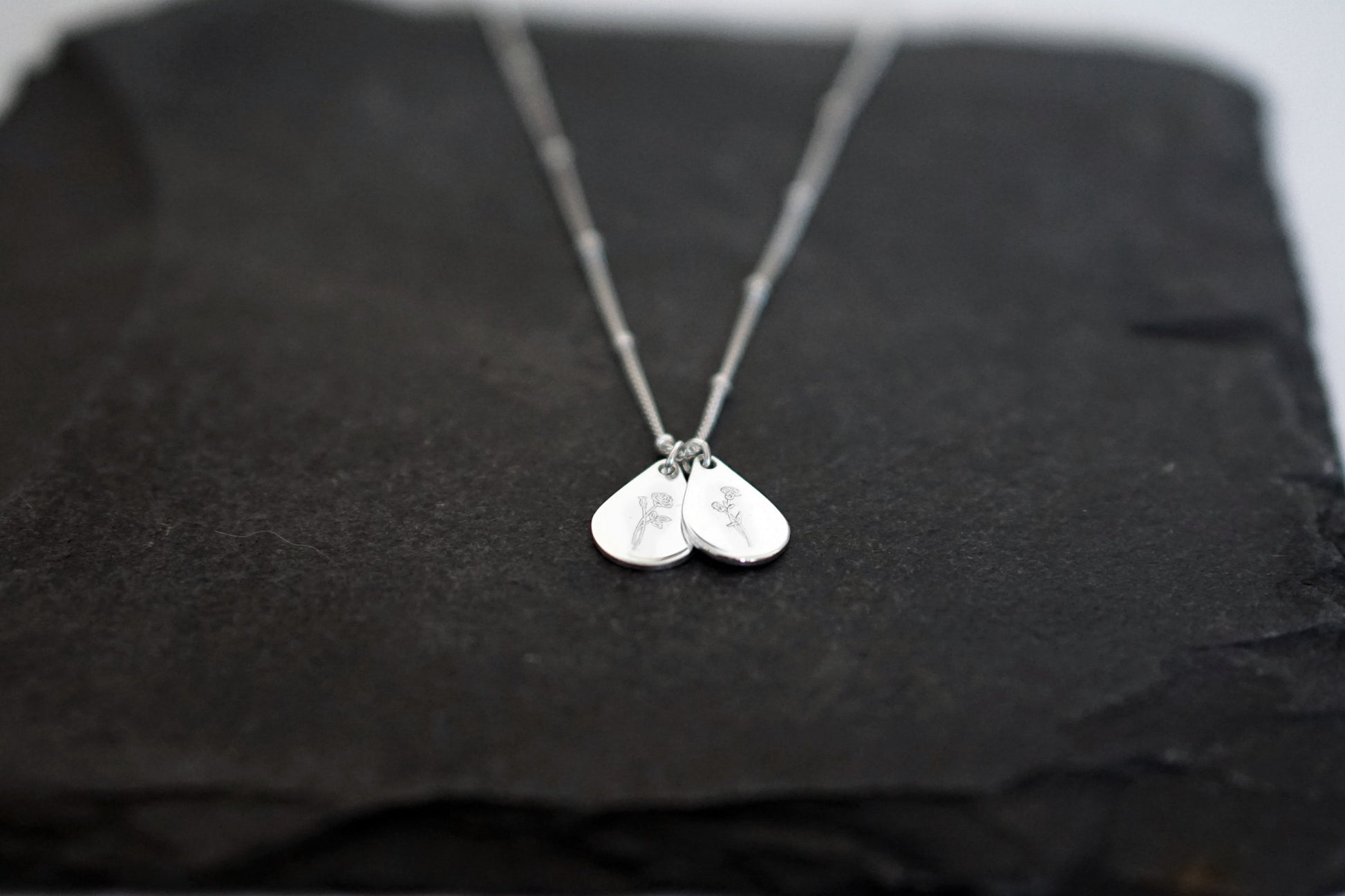 Personalised Teardrop Birth Flower Sterling Silver Necklace ~ engraved, birthday, gift for her, name, november, december