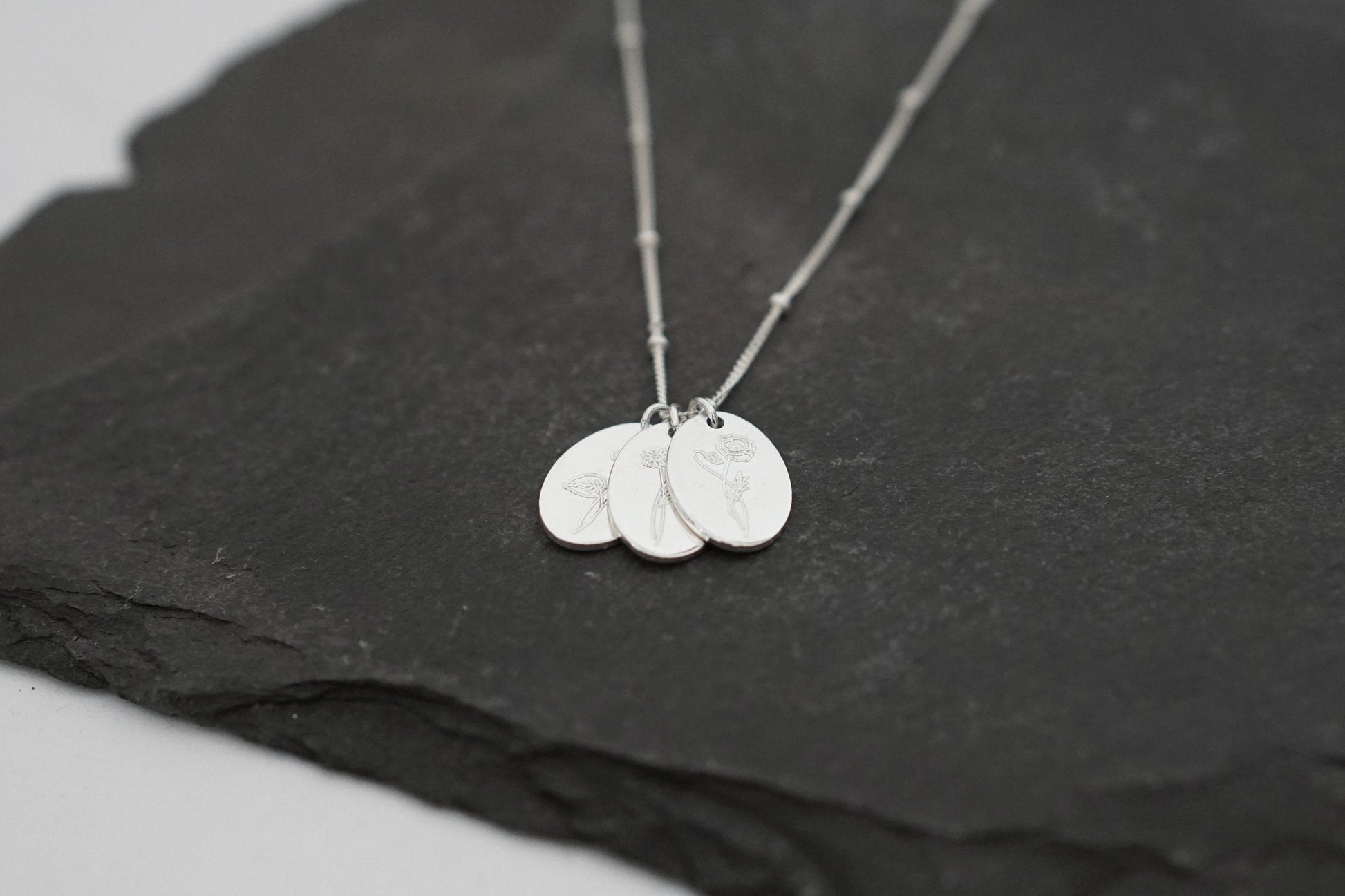Personalised Oval Birth Flower Sterling Silver Necklace ~ engraved, birthday, gift for her, name, november, december, christmas