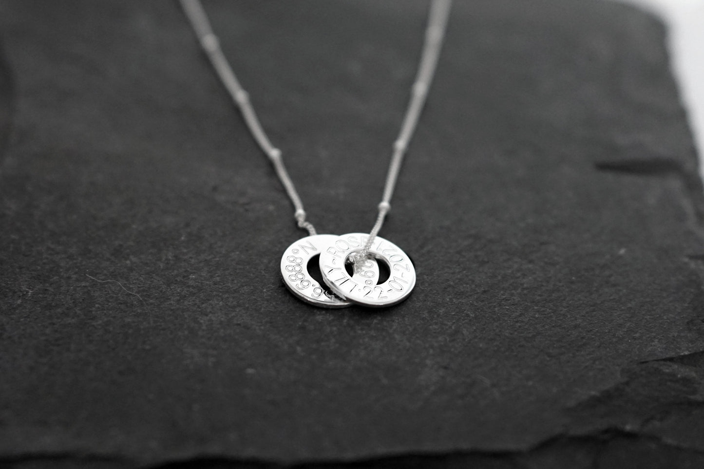 Engraved Personalised Sterling Silver Washers Necklace ~ customised, birthday, coordinates, name, anniversary, graduation, travel gift