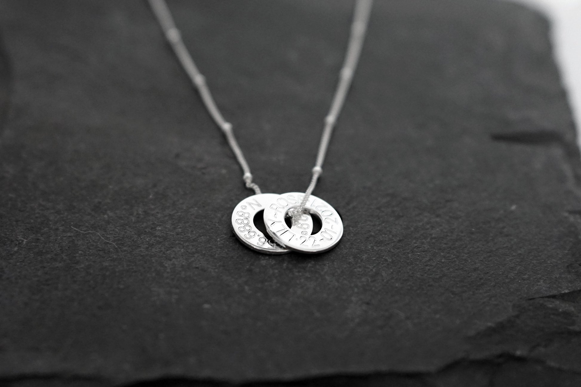 Engraved Personalised Sterling Silver Washers Necklace ~ customised, birthday, coordinates, name, anniversary, graduation, travel gift