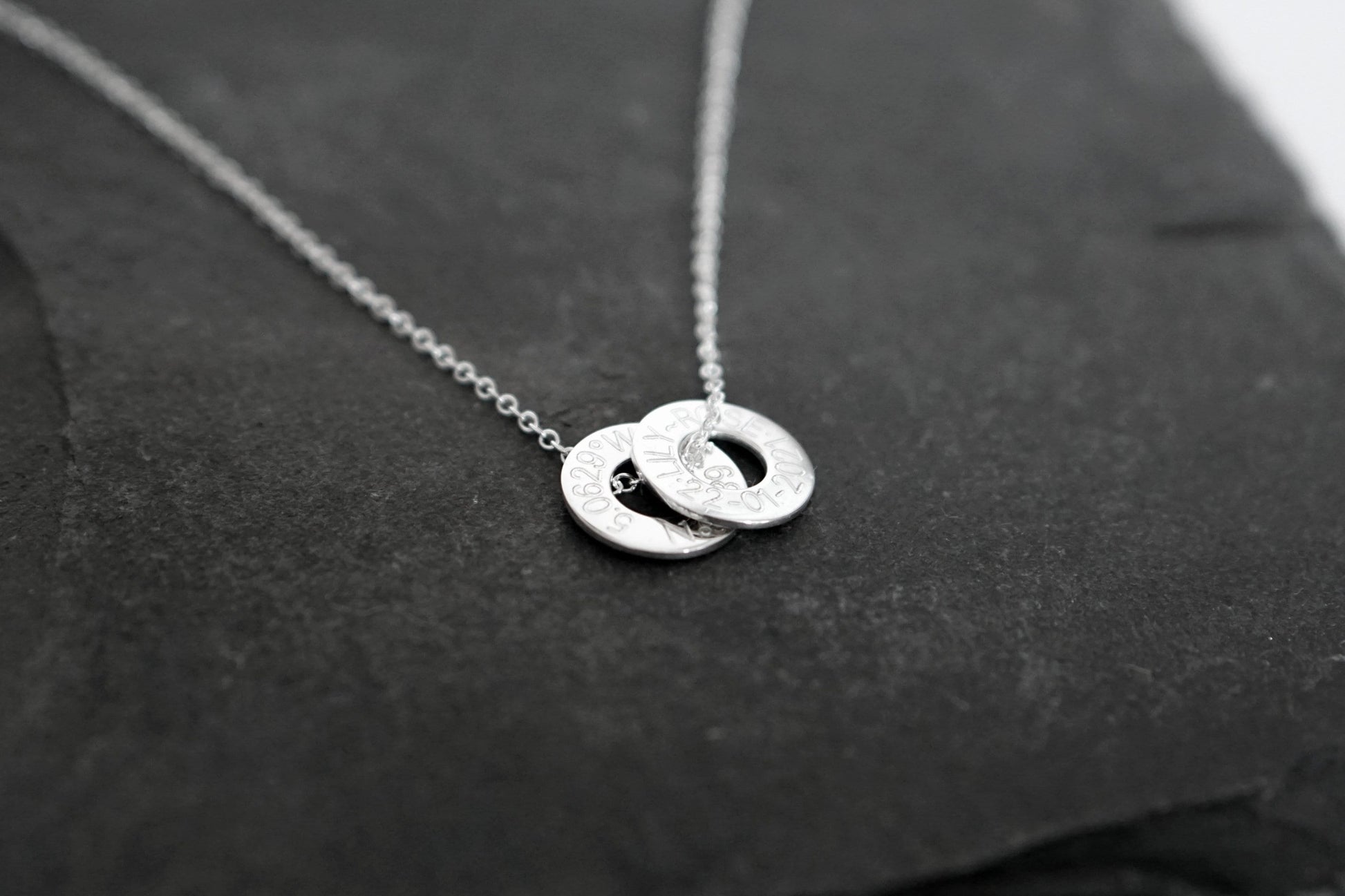 Engraved Personalised Sterling Silver Washers Necklace ~ customised, birthday, coordinates, name, anniversary, graduation, travel gift