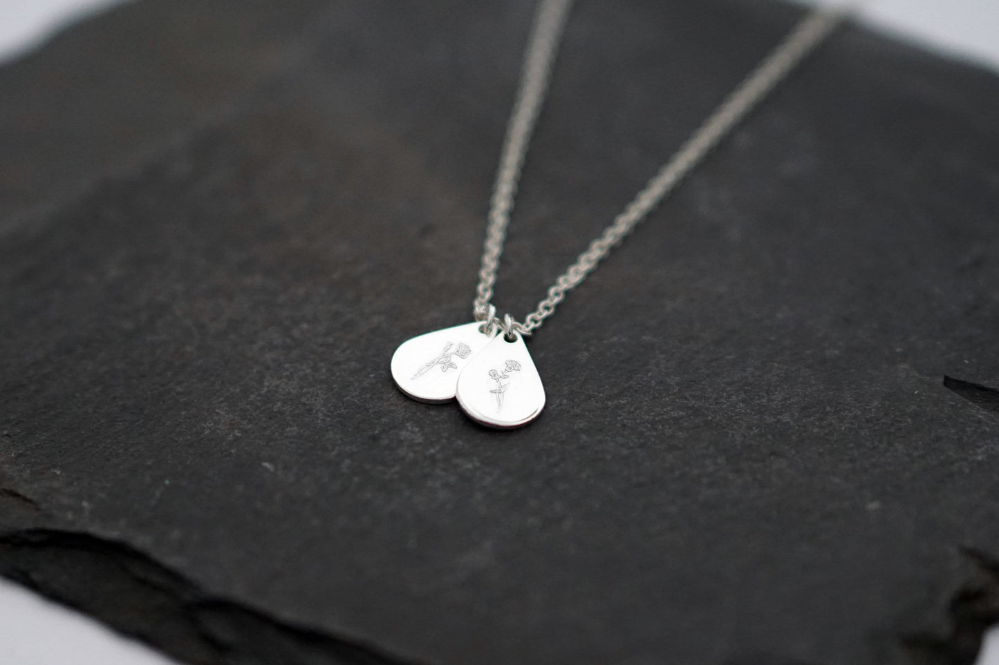 Personalised Teardrop Birth Flower Sterling Silver Necklace ~ engraved, birthday, gift for her, name, november, december