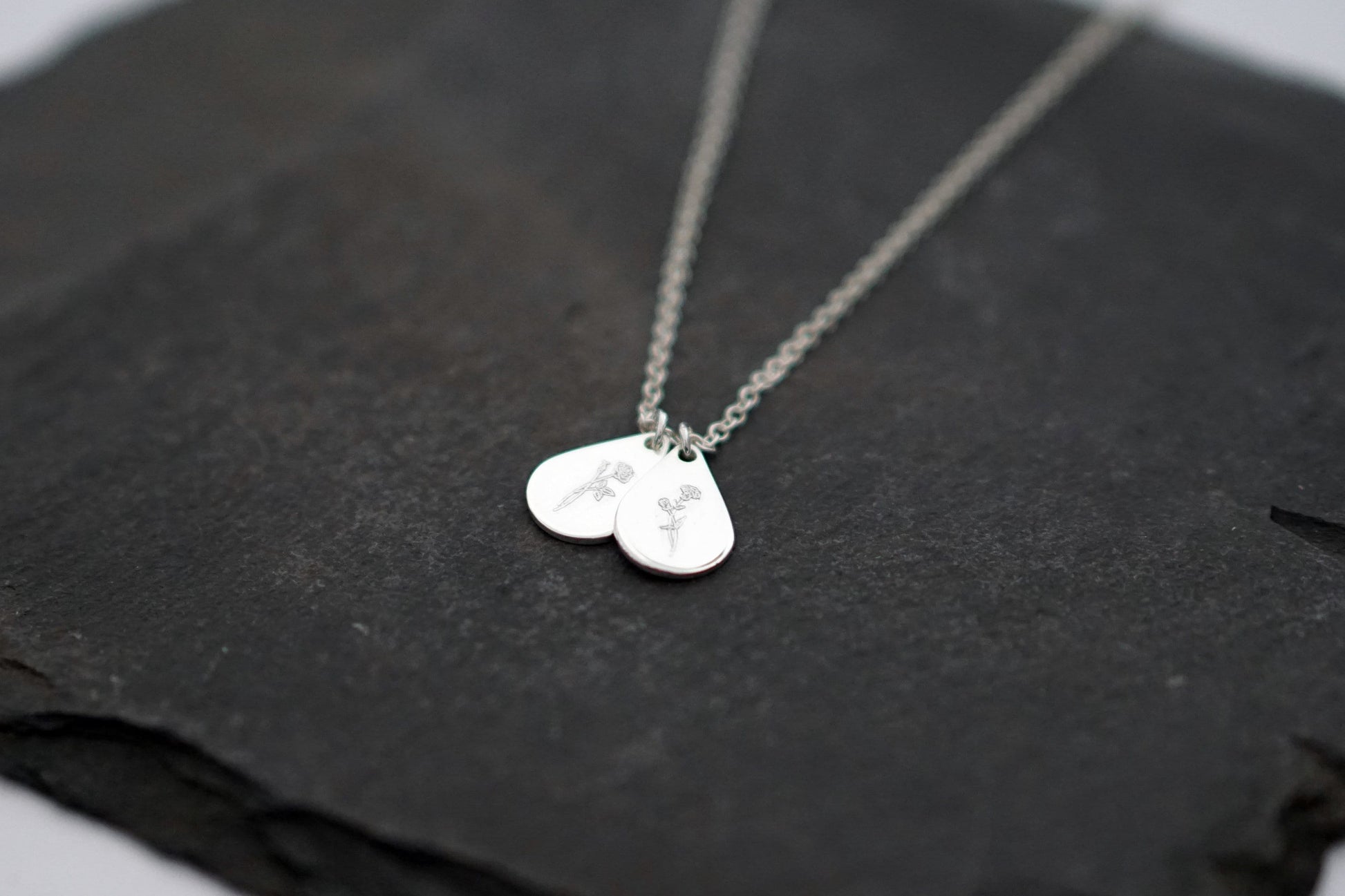 Personalised Teardrop Birth Flower Sterling Silver Necklace ~ engraved, birthday, gift for her, name, november, december
