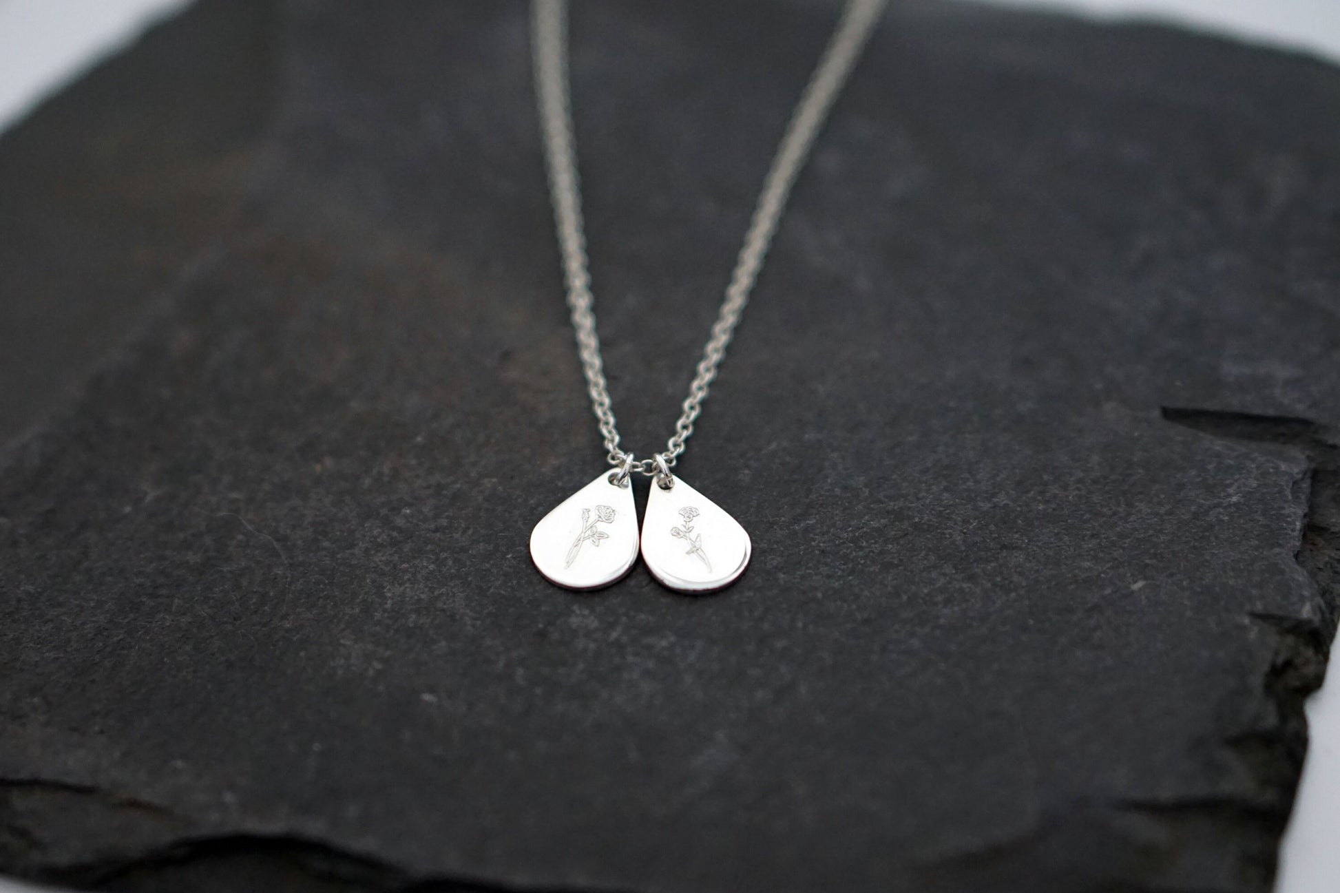 Personalised Teardrop Birth Flower Sterling Silver Necklace ~ engraved, birthday, gift for her, name, november, december