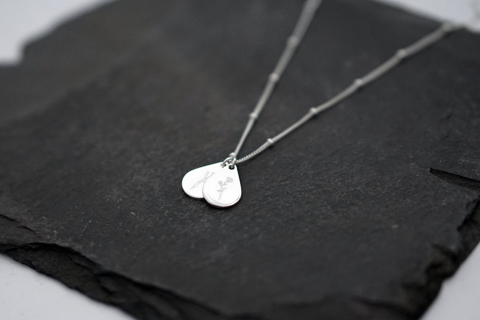 Personalised Teardrop Birth Flower Sterling Silver Necklace ~ engraved, birthday, gift for her, name, november, december