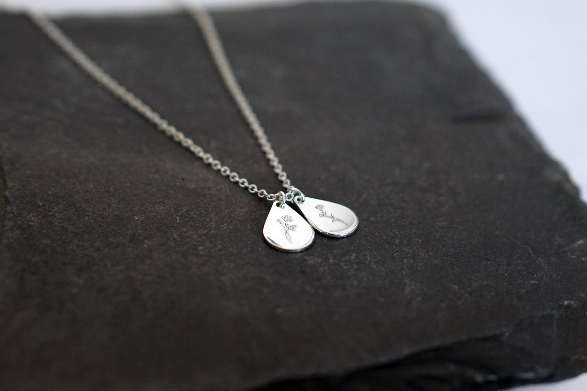 Personalised Teardrop Birth Flower Sterling Silver Necklace ~ engraved, birthday, gift for her, name, november, december
