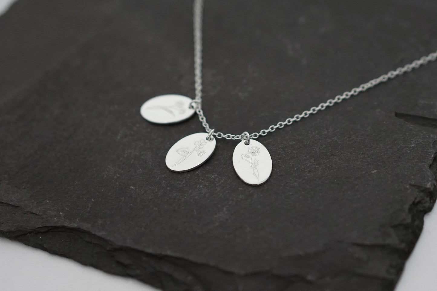Personalised Oval Birth Flower Sterling Silver Necklace ~ engraved, birthday, gift for her, name, november, december, christmas
