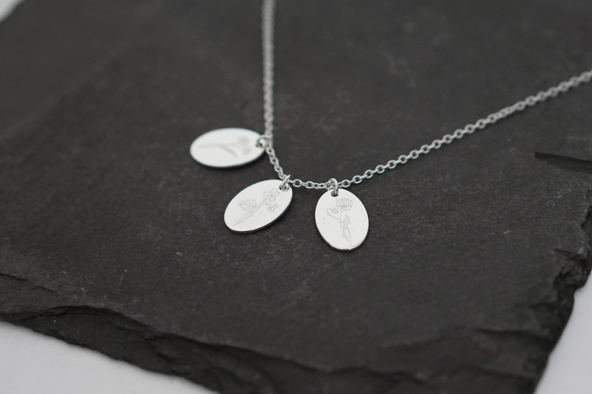 Personalised Oval Birth Flower Sterling Silver Necklace ~ engraved, birthday, gift for her, name, november, december, christmas