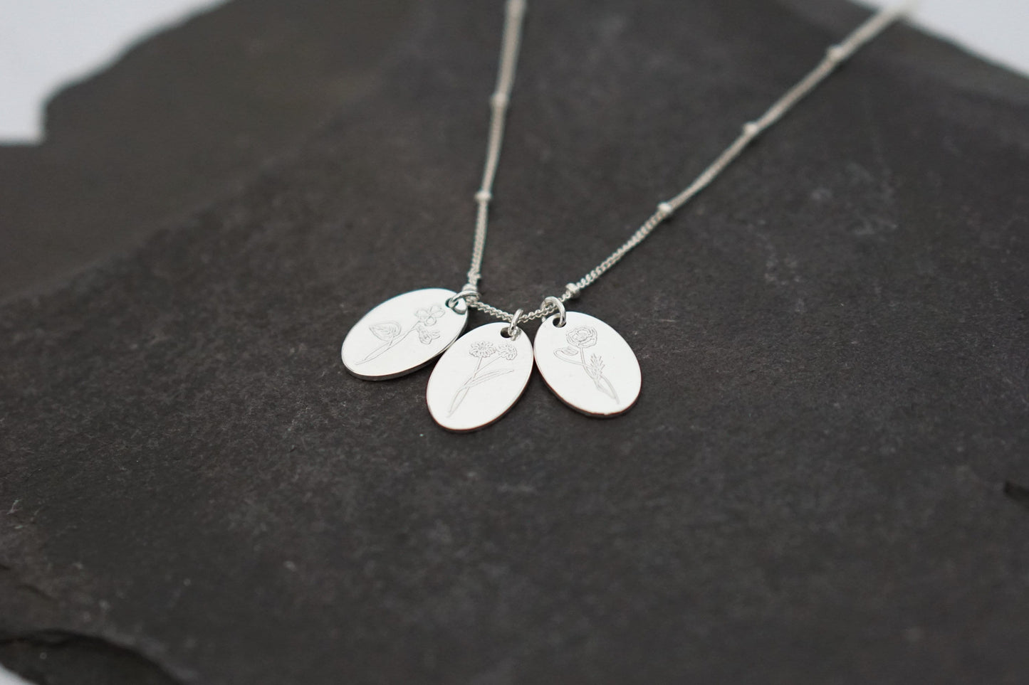 Personalised Oval Birth Flower Sterling Silver Necklace ~ engraved, birthday, gift for her, name, november, december, christmas