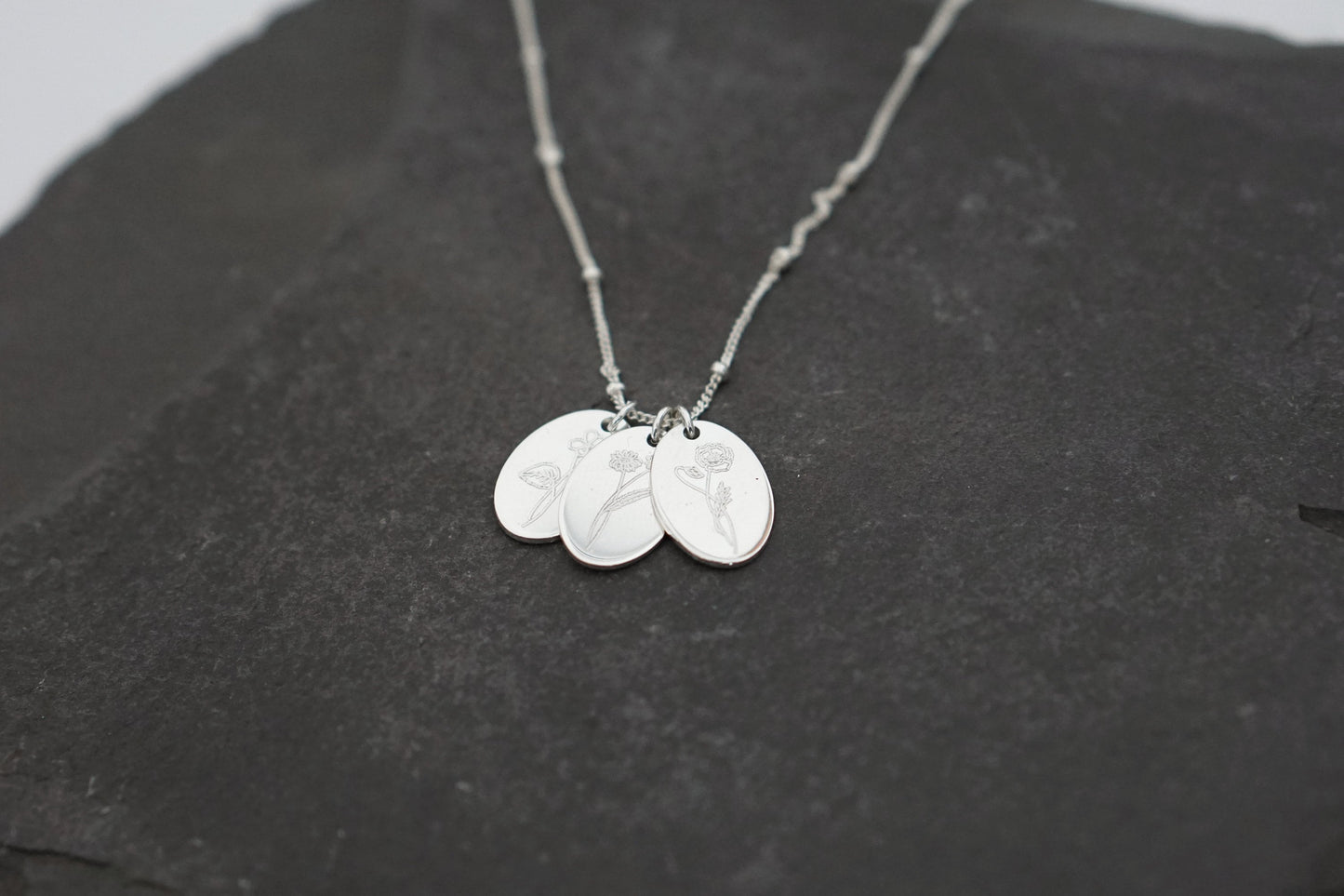 Personalised Oval Birth Flower Sterling Silver Necklace ~ engraved, birthday, gift for her, name, november, december, christmas