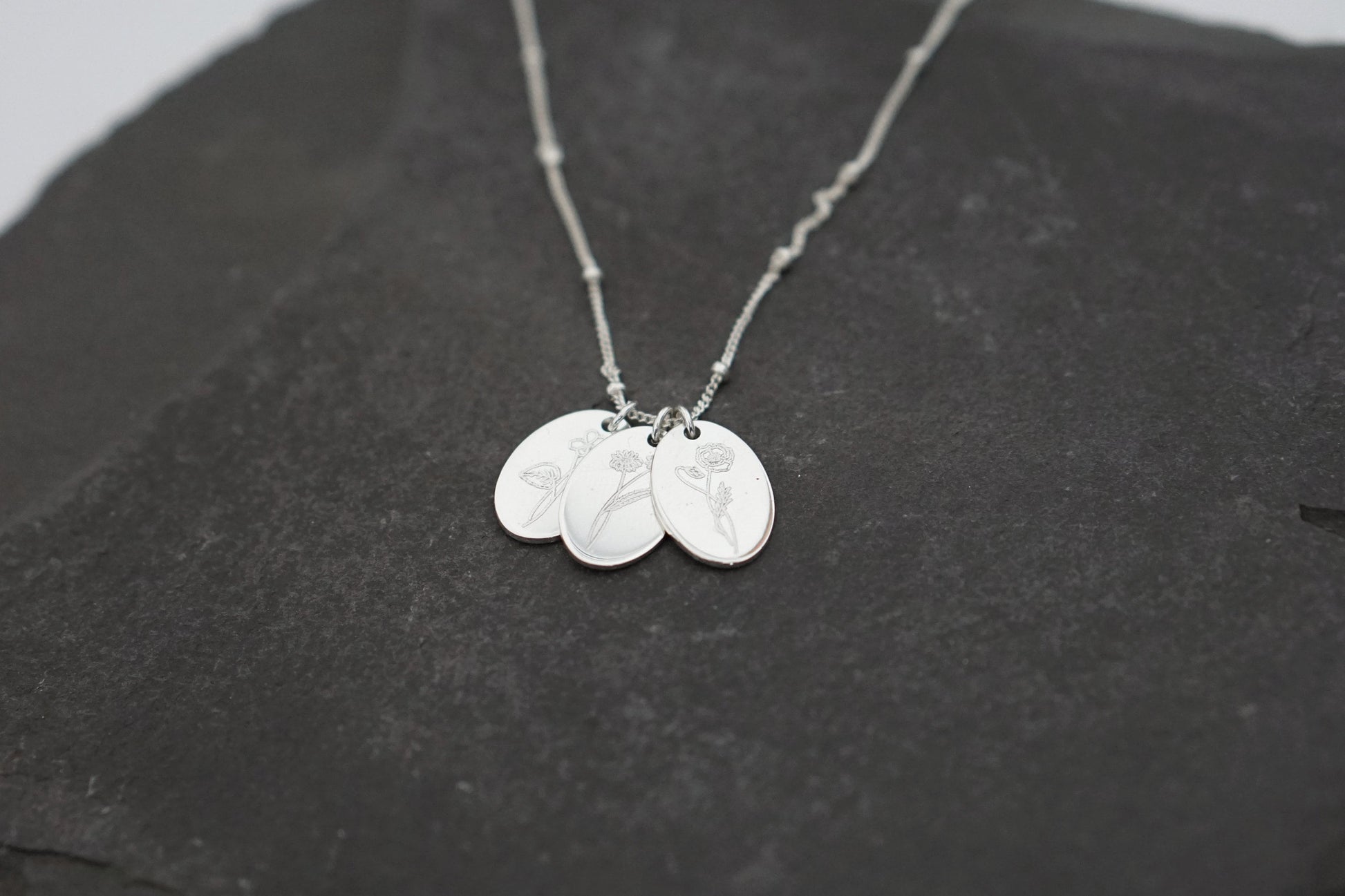 Personalised Oval Birth Flower Sterling Silver Necklace ~ engraved, birthday, gift for her, name, november, december, christmas