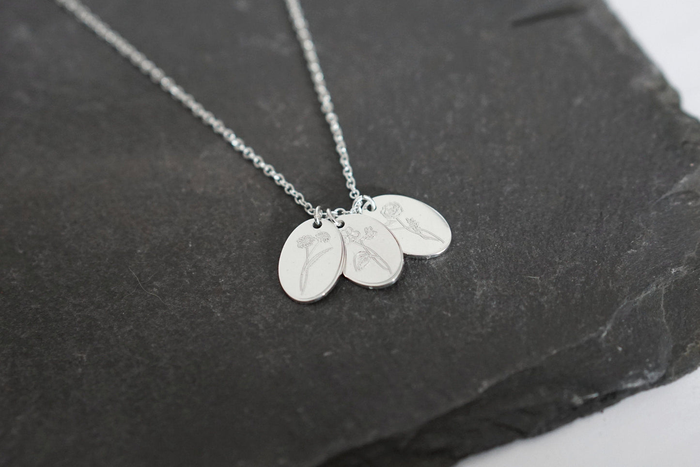 Personalised Oval Birth Flower Sterling Silver Necklace ~ engraved, birthday, gift for her, name, november, december, christmas