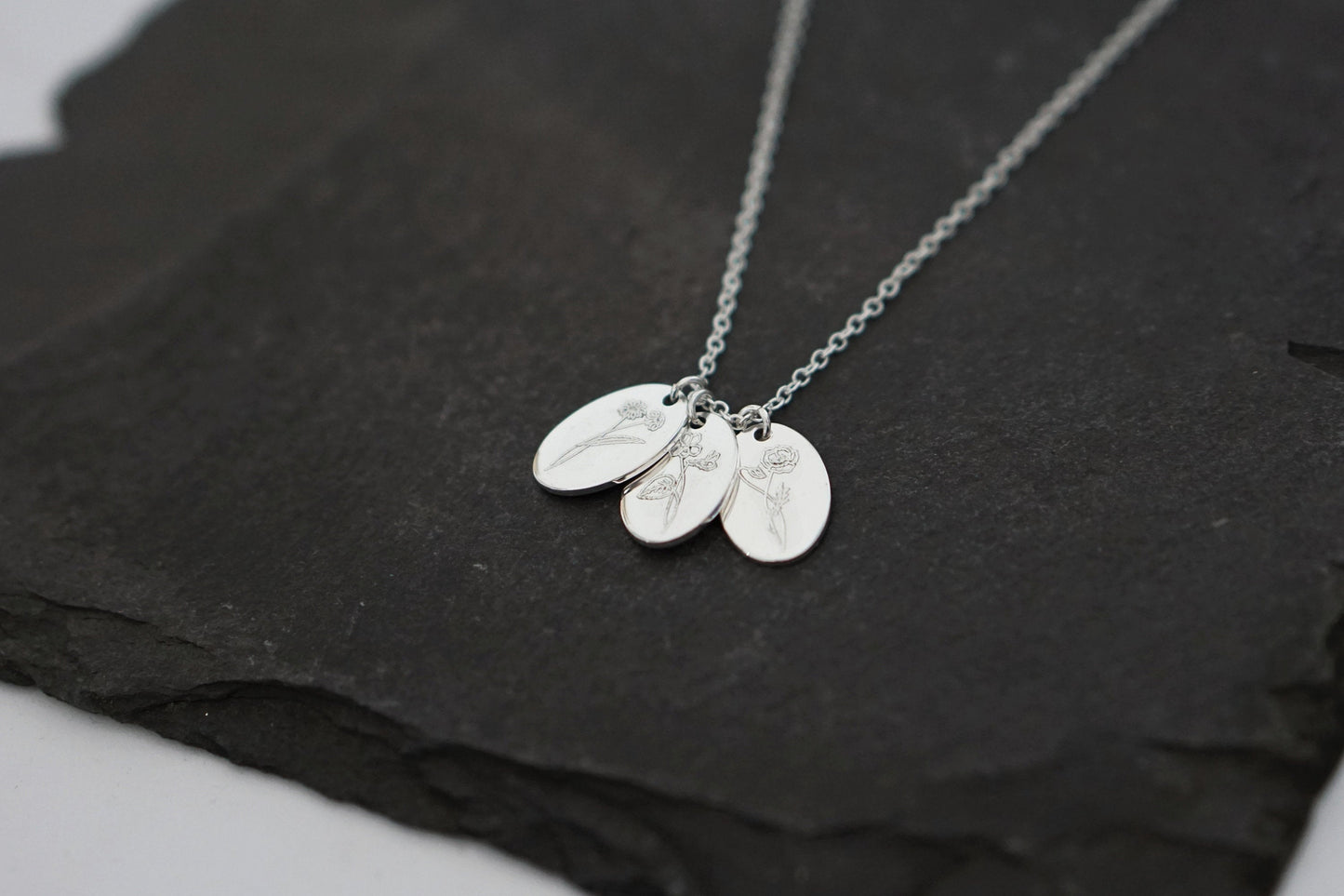 Personalised Oval Birth Flower Sterling Silver Necklace ~ engraved, birthday, gift for her, name, november, december, christmas