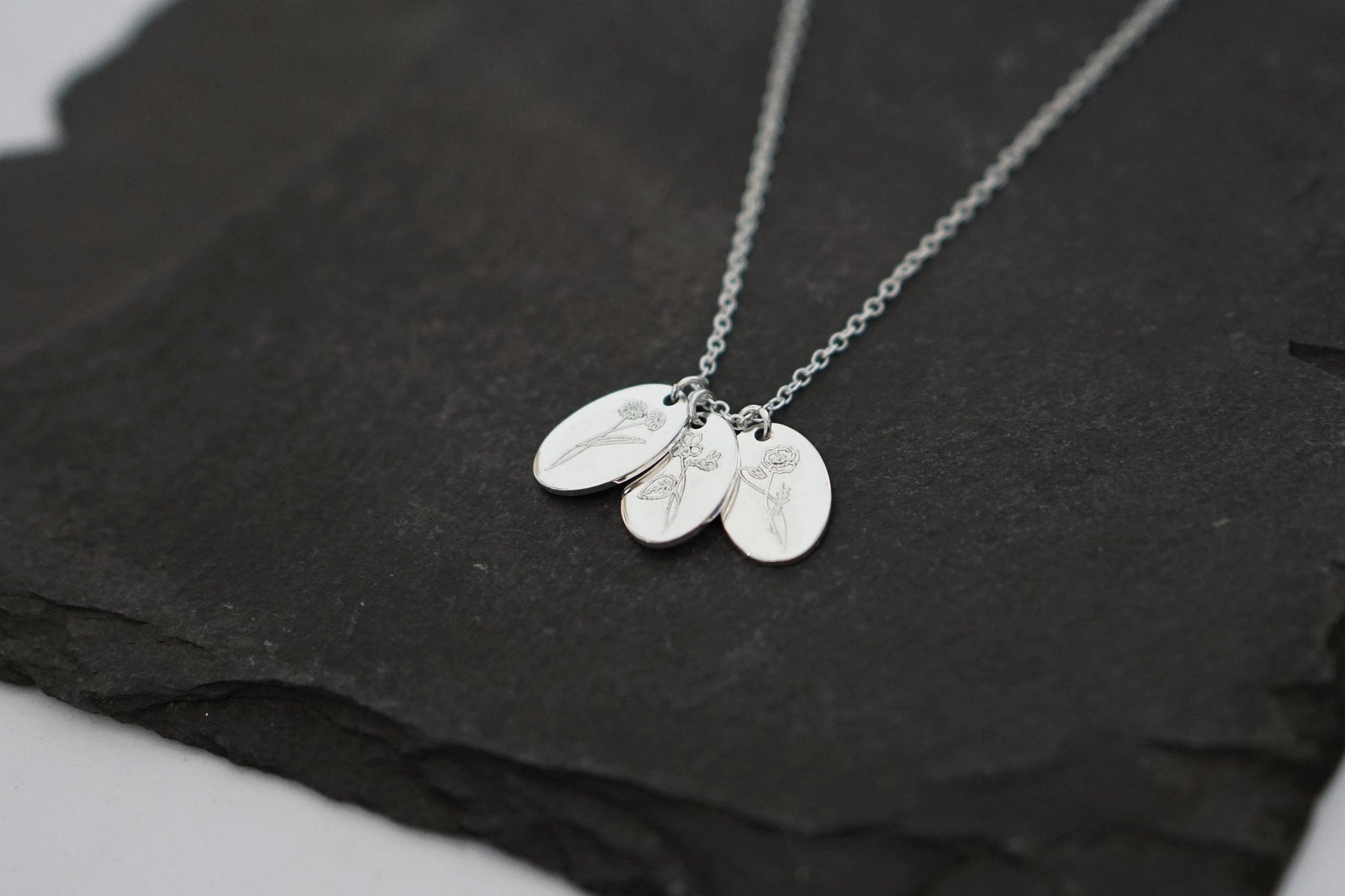 Personalised Oval Birth Flower Sterling Silver Necklace ~ engraved, birthday, gift for her, name, november, december, christmas