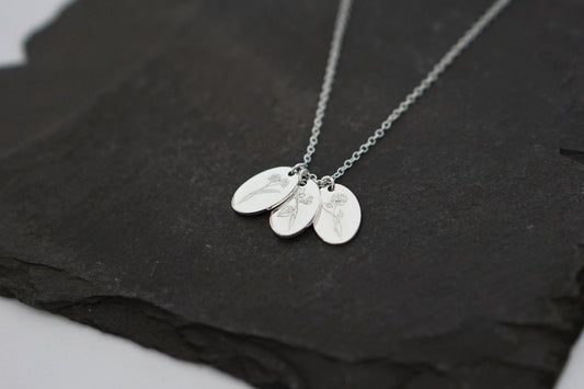Personalised Oval Birth Flower Sterling Silver Necklace ~ engraved, birthday, gift for her, name, november, december, christmas