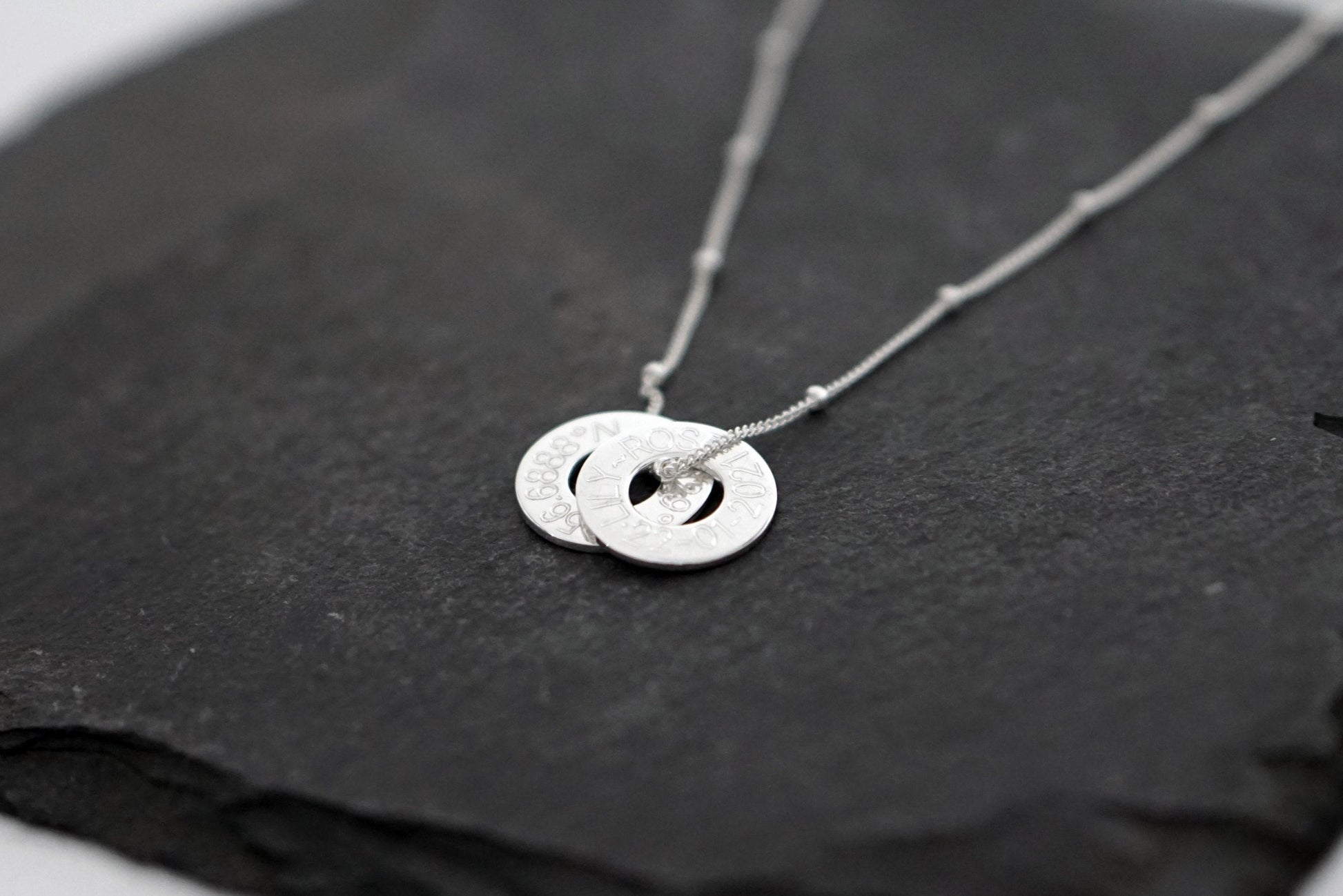 Engraved Personalised Sterling Silver Washers Necklace ~ customised, birthday, coordinates, name, anniversary, graduation, travel gift