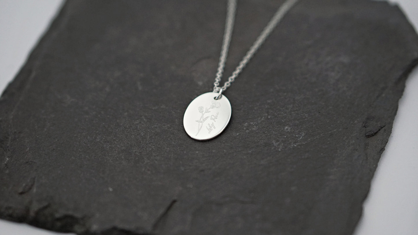 Personalised Oval Name & Birth Flower Sterling Silver Necklace