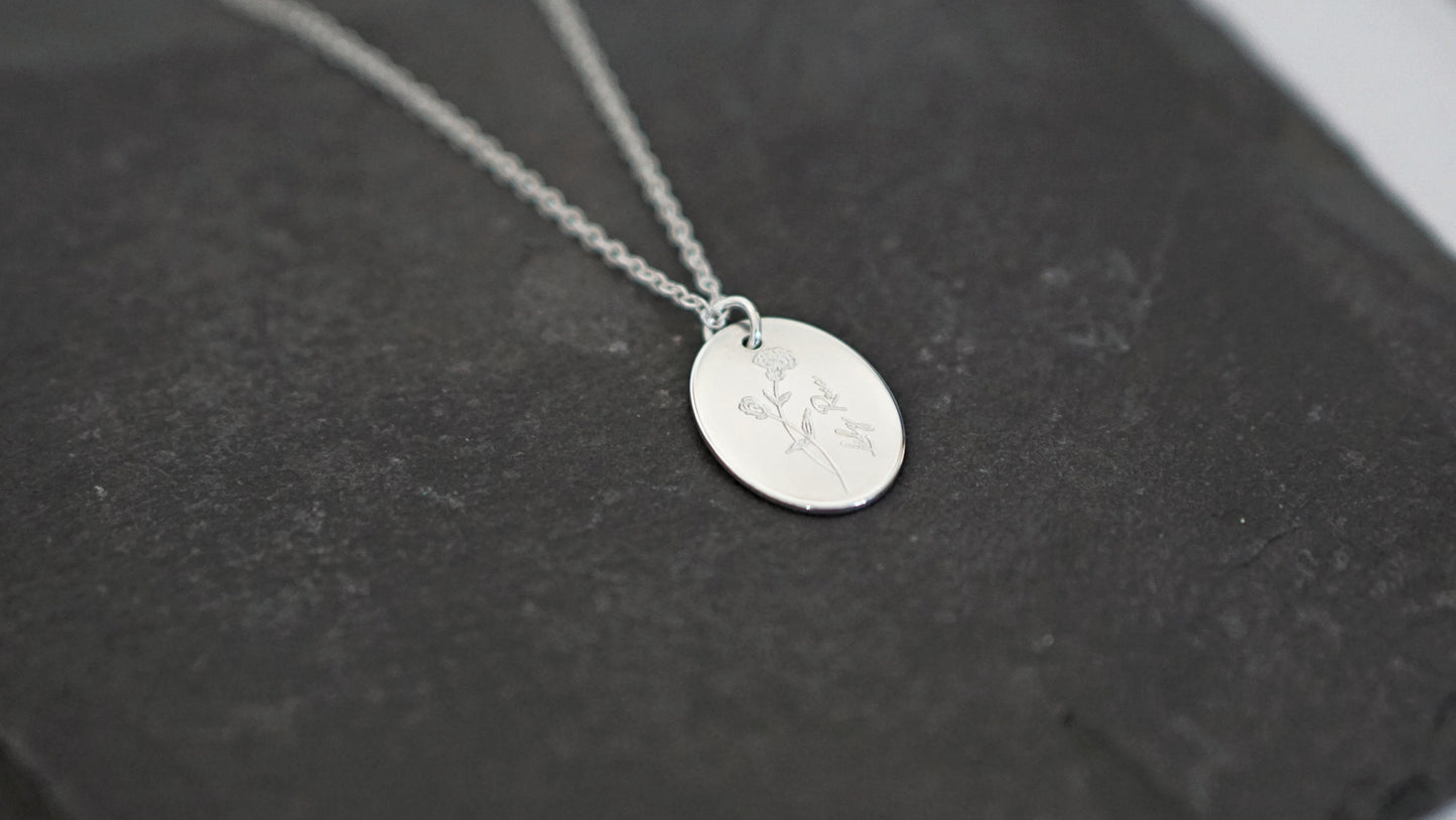 Personalised Oval Name & Birth Flower Sterling Silver Necklace ~ engraved, birthday, gifts for her, september, october