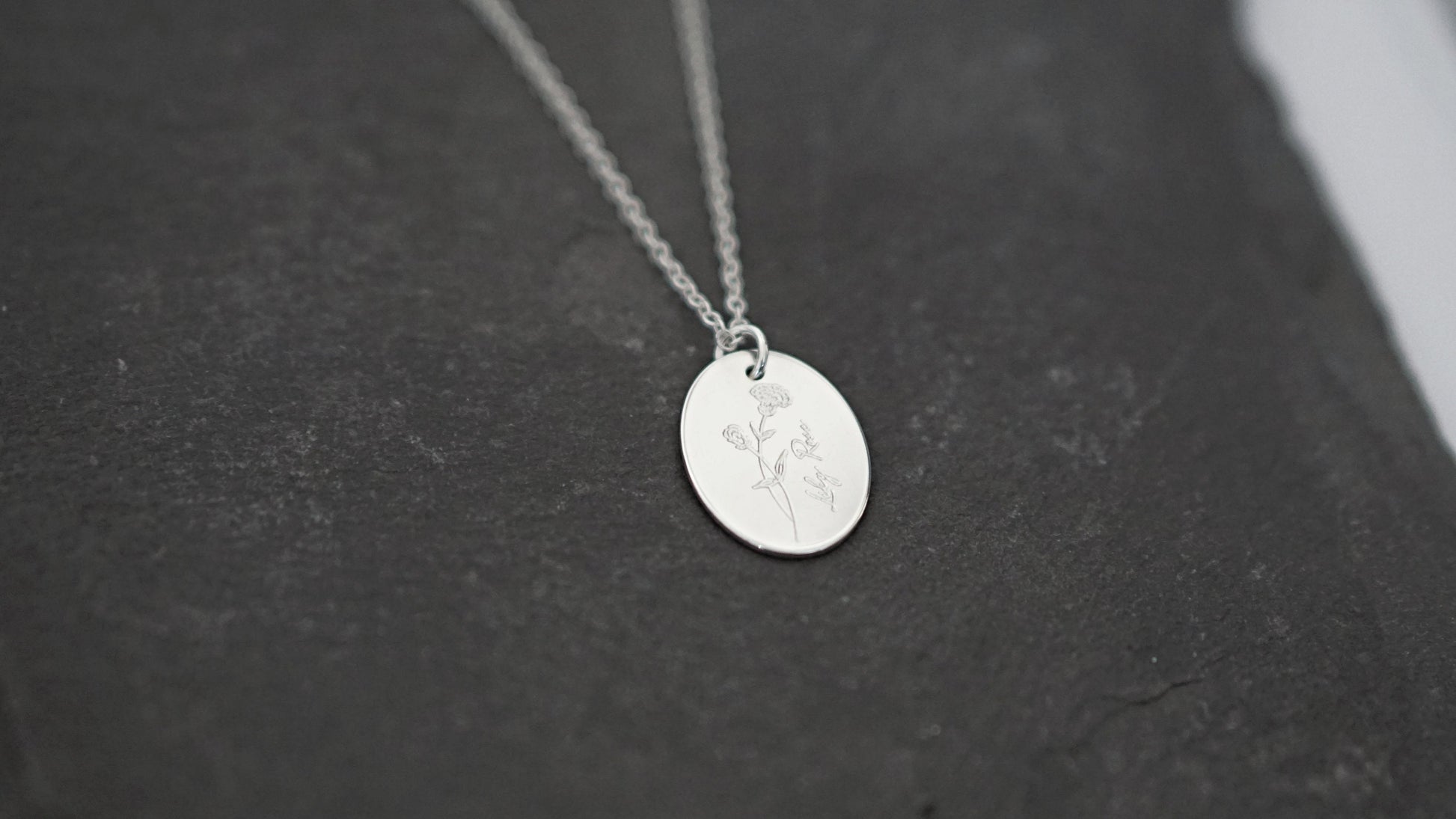 Personalised Oval Name & Birth Flower Sterling Silver Necklace ~ engraved, birthday, gifts for her, september, october