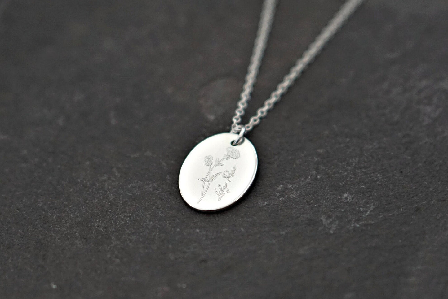 Personalised Oval Name & Birth Flower Sterling Silver Necklace ~ engraved, birthday, gifts for her, september, october