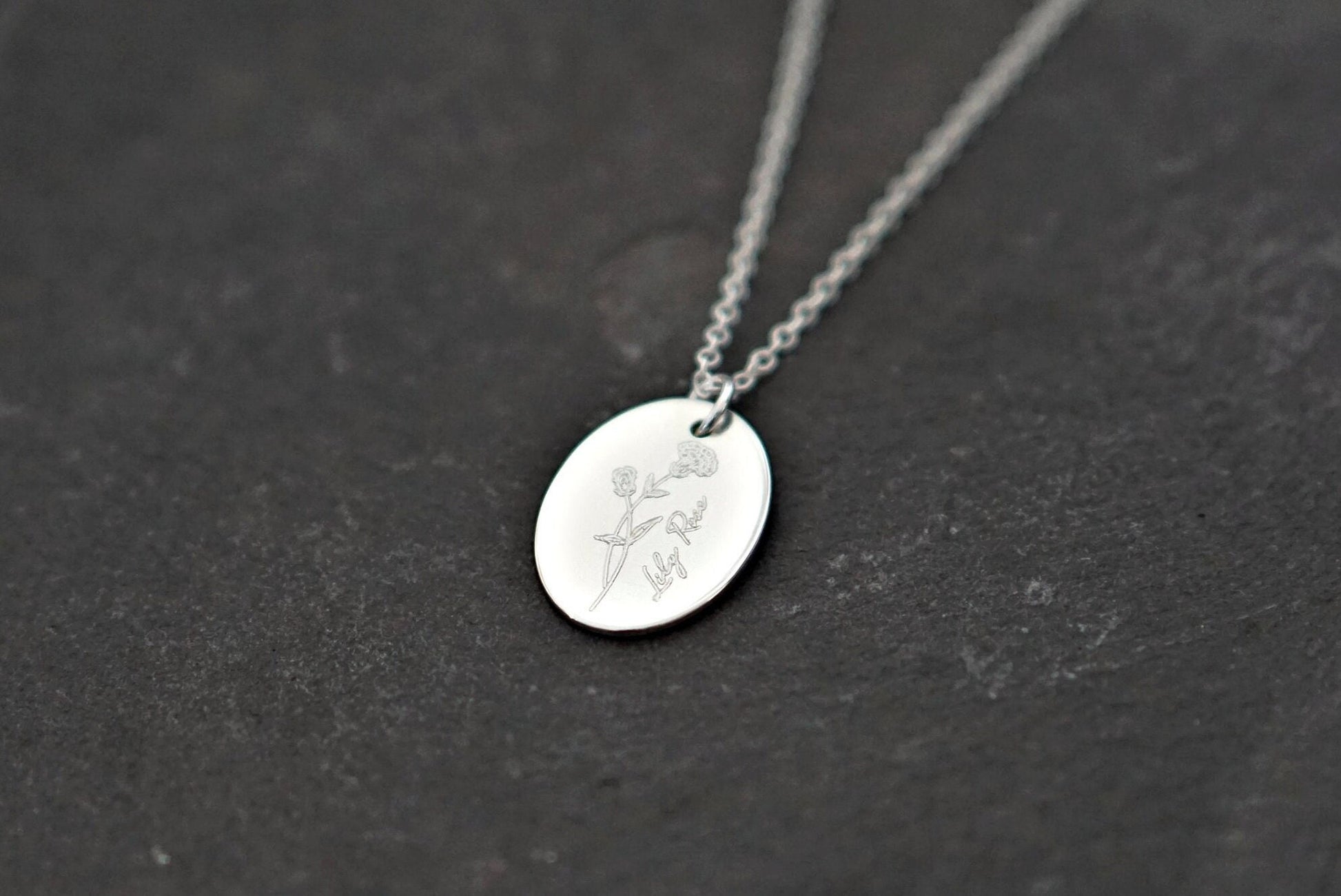 Personalised Oval Name & Birth Flower Sterling Silver Necklace ~ engraved, birthday, gifts for her, september, october