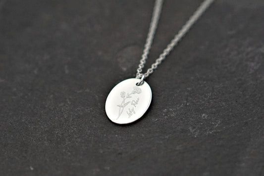 Personalised Oval Name & Birth Flower Sterling Silver Necklace