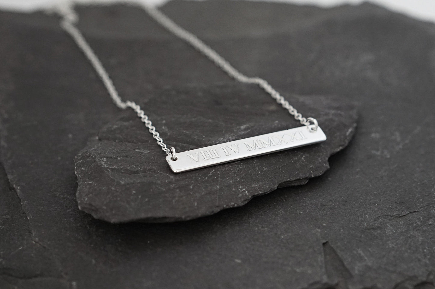 Personalised Roman Numerals Engraved Sterling Silver Bar Necklace