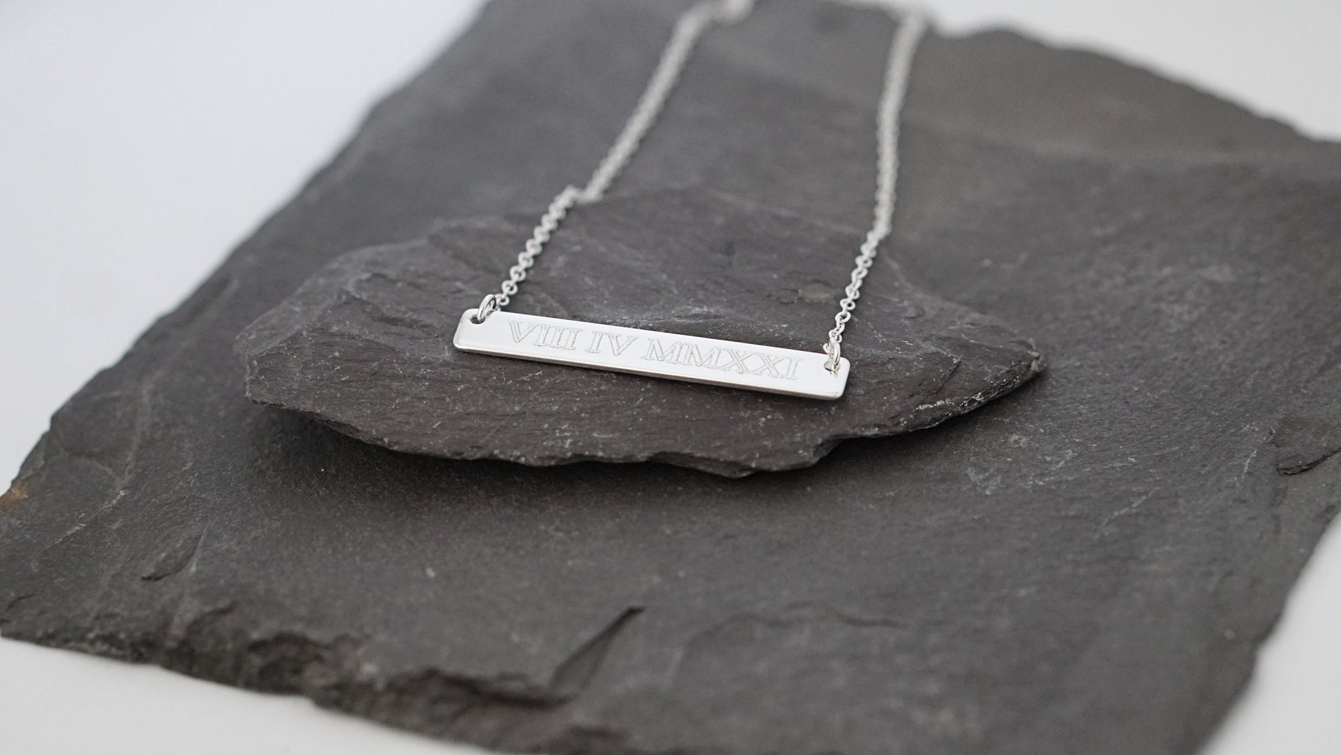 Personalised Roman Numerals Engraved Sterling Silver Bar Necklace