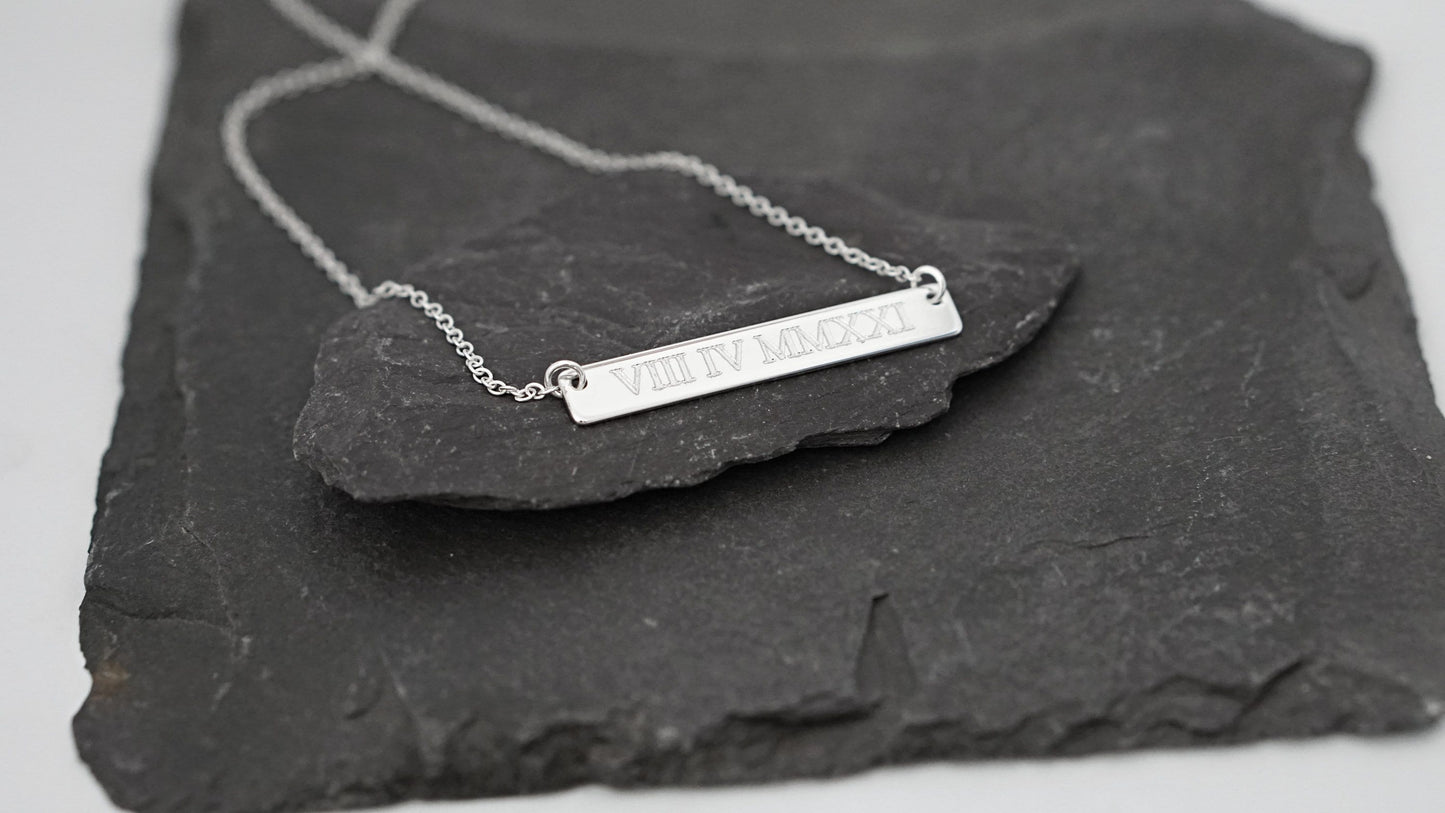 Personalised Roman Numerals Engraved Sterling Silver Bar Necklace