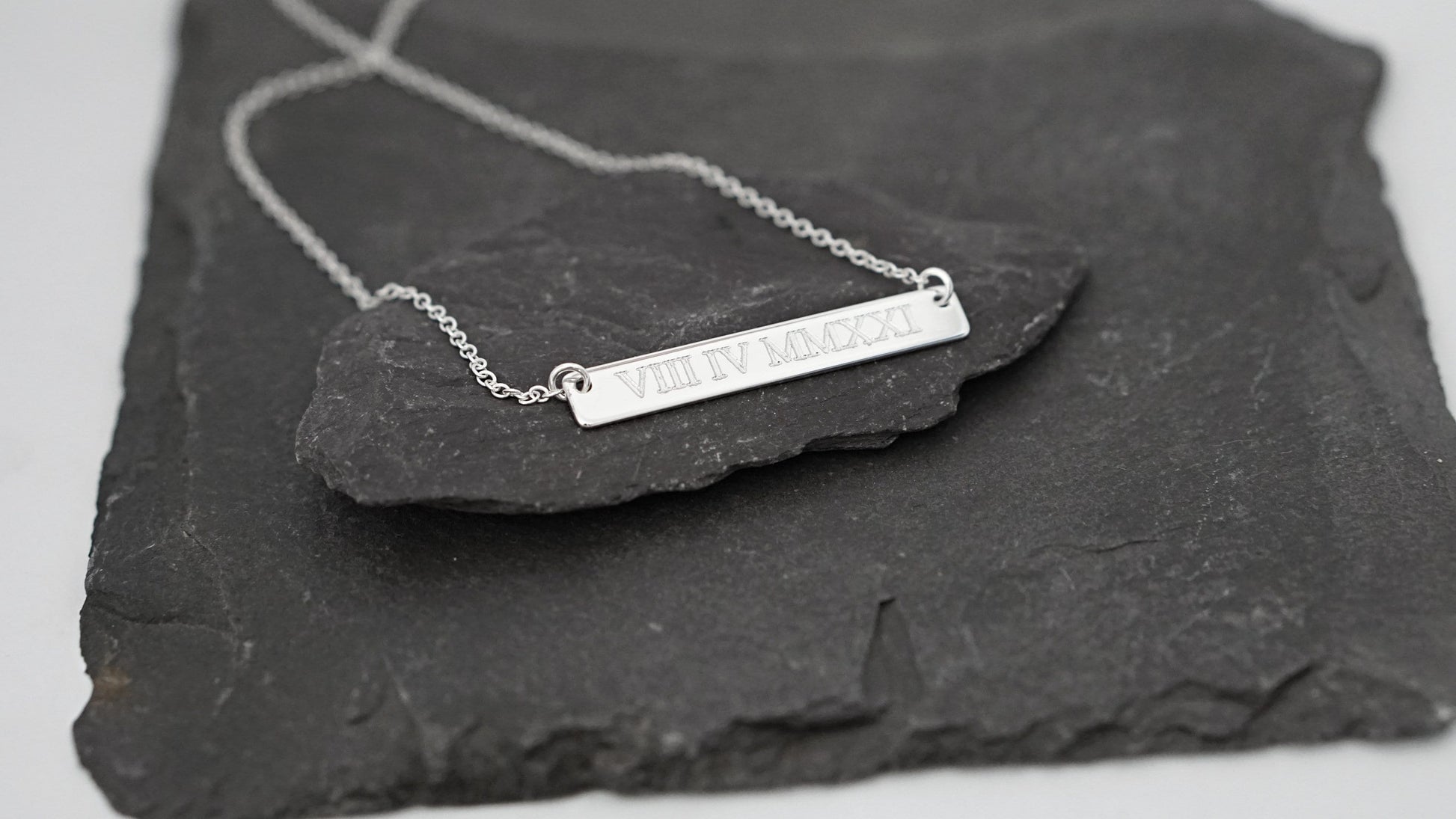 Personalised Roman Numerals Engraved Sterling Silver Bar Necklace