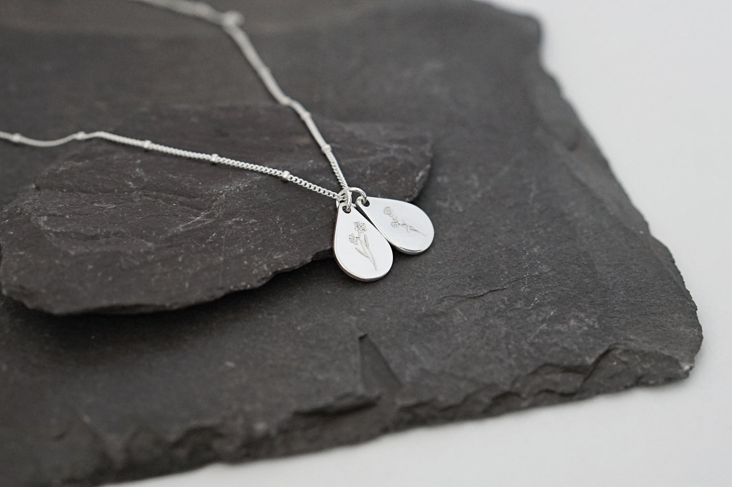 Personalised Teardrop Birth Flower Sterling Silver Necklace ~ engraved, birthday, gift for her, name, november, december